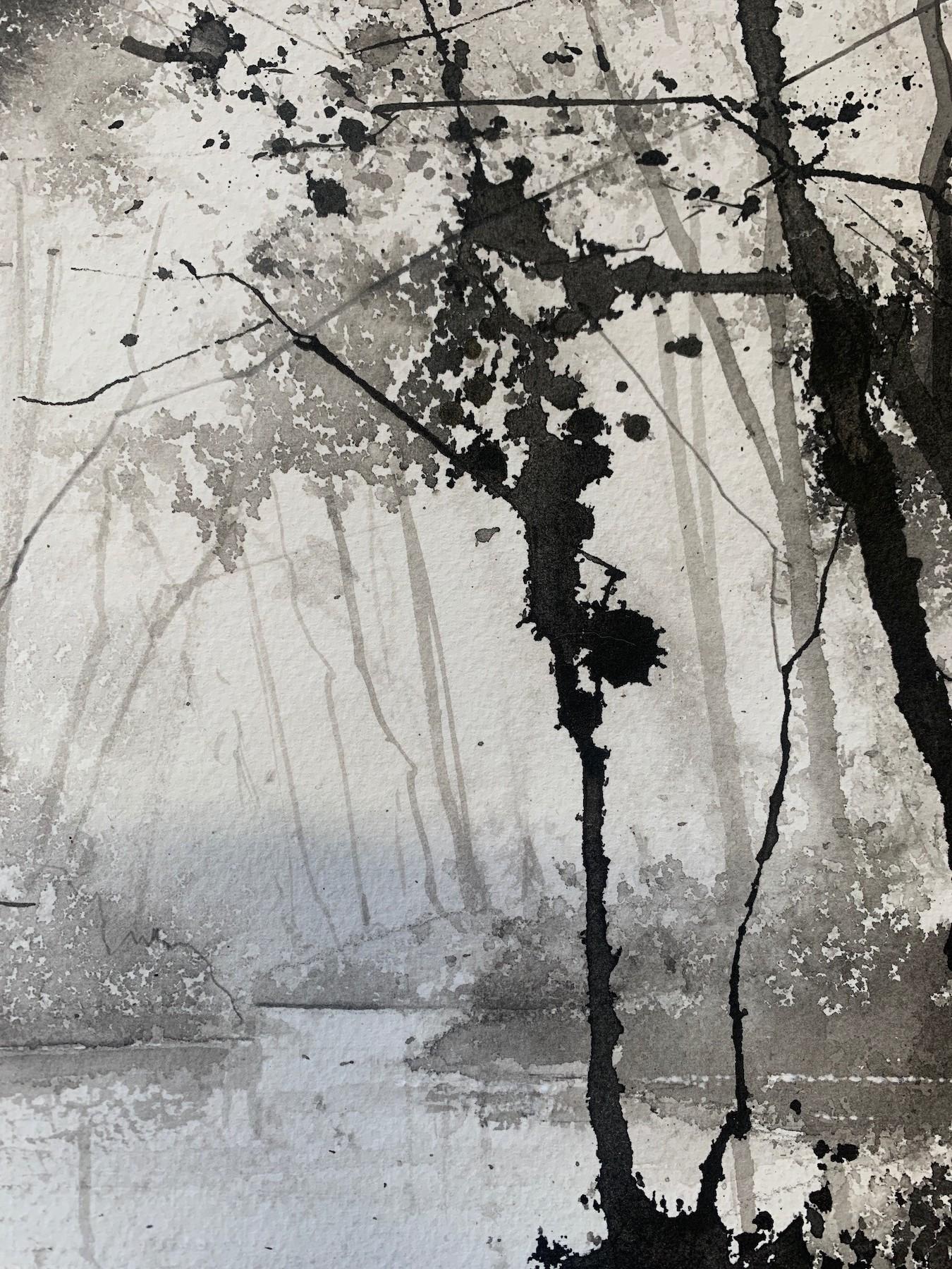 River Dart, James Bonstow, Original painting, Tree art, Monochrome art - Gray Abstract Drawing by James Bonstow 