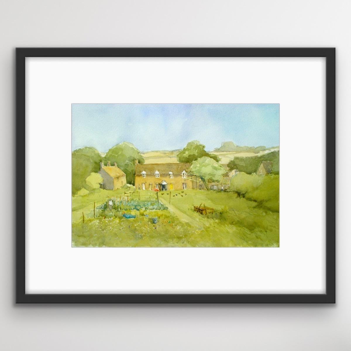 Elizabeth Chalmers. Watercolour painting of cottages and gardens in the Cotswold village of Sherbourne.

Size: H:29.00 cm x W:44.50 cm.

Artist Bio:  Elizabeth Chalmers was born in Northern Ireland, where she studied art and design at Belfast before