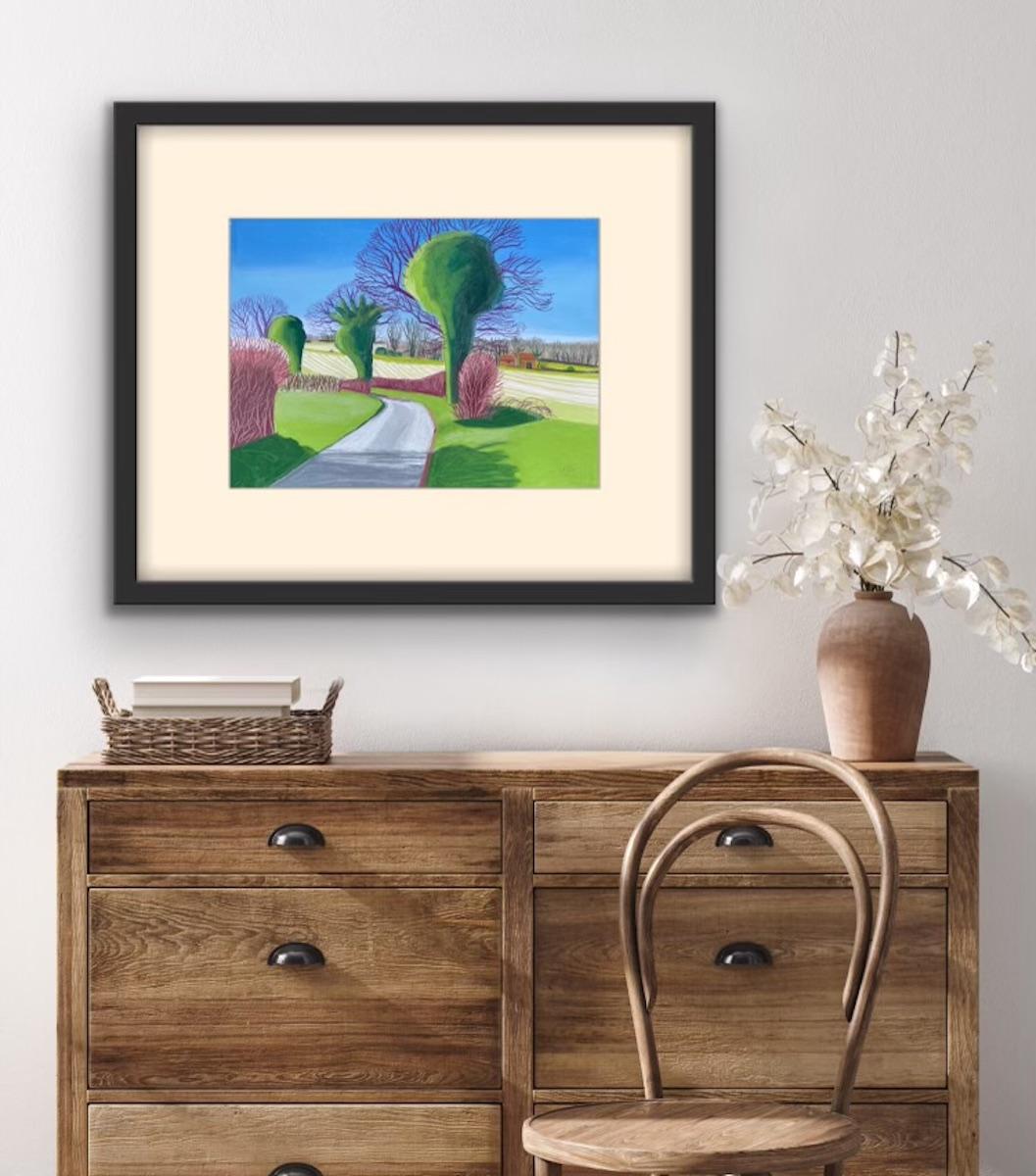 Heckingham, Towards the Barns David Hockney Style Painting, Modern Landscape Art For Sale 4