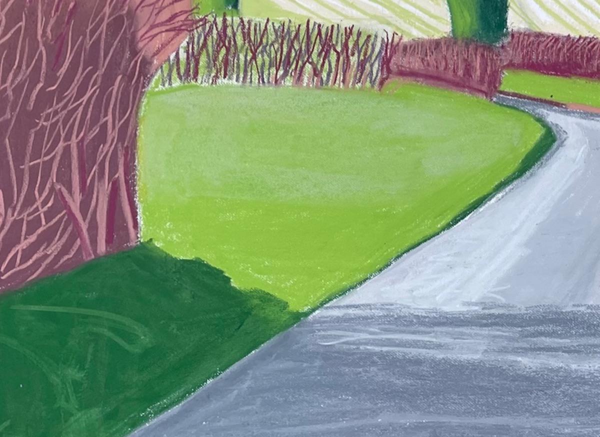 Heckingham, Towards the Barns David Hockney Style Painting, Modern Landscape Art For Sale 1