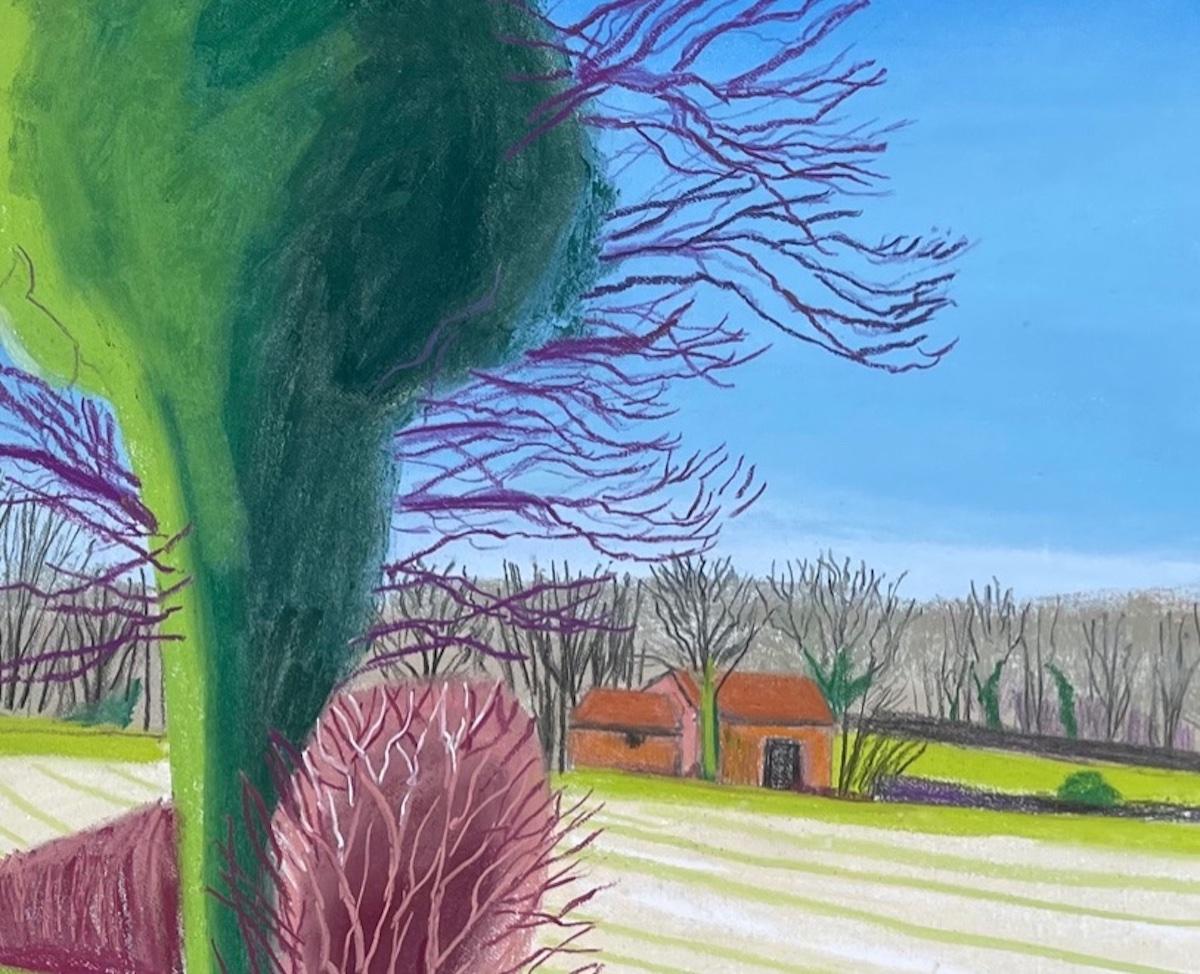 Heckingham, Towards the Barns David Hockney Style Painting, Modern Landscape Art For Sale 2