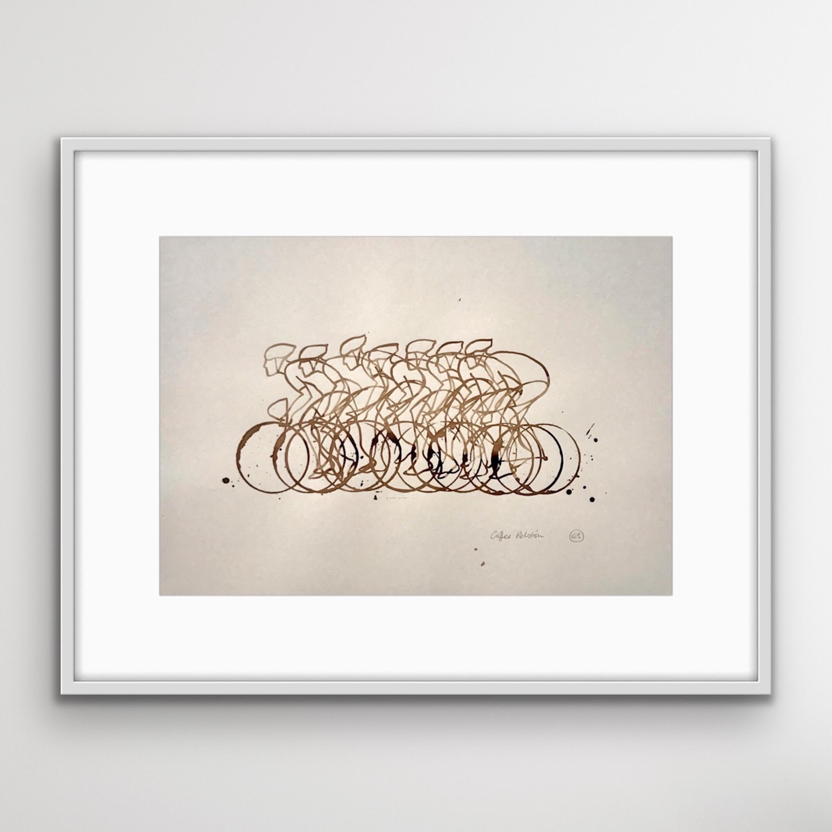 Coffee Peloton VII is an original drawing in coffee on paper by artist Eliza Southwood. Featuring a pack of cyclists racing, the artist has noted a link between cycling culture and the love of a good coffee break.
Eliza Southwood cycling prints
