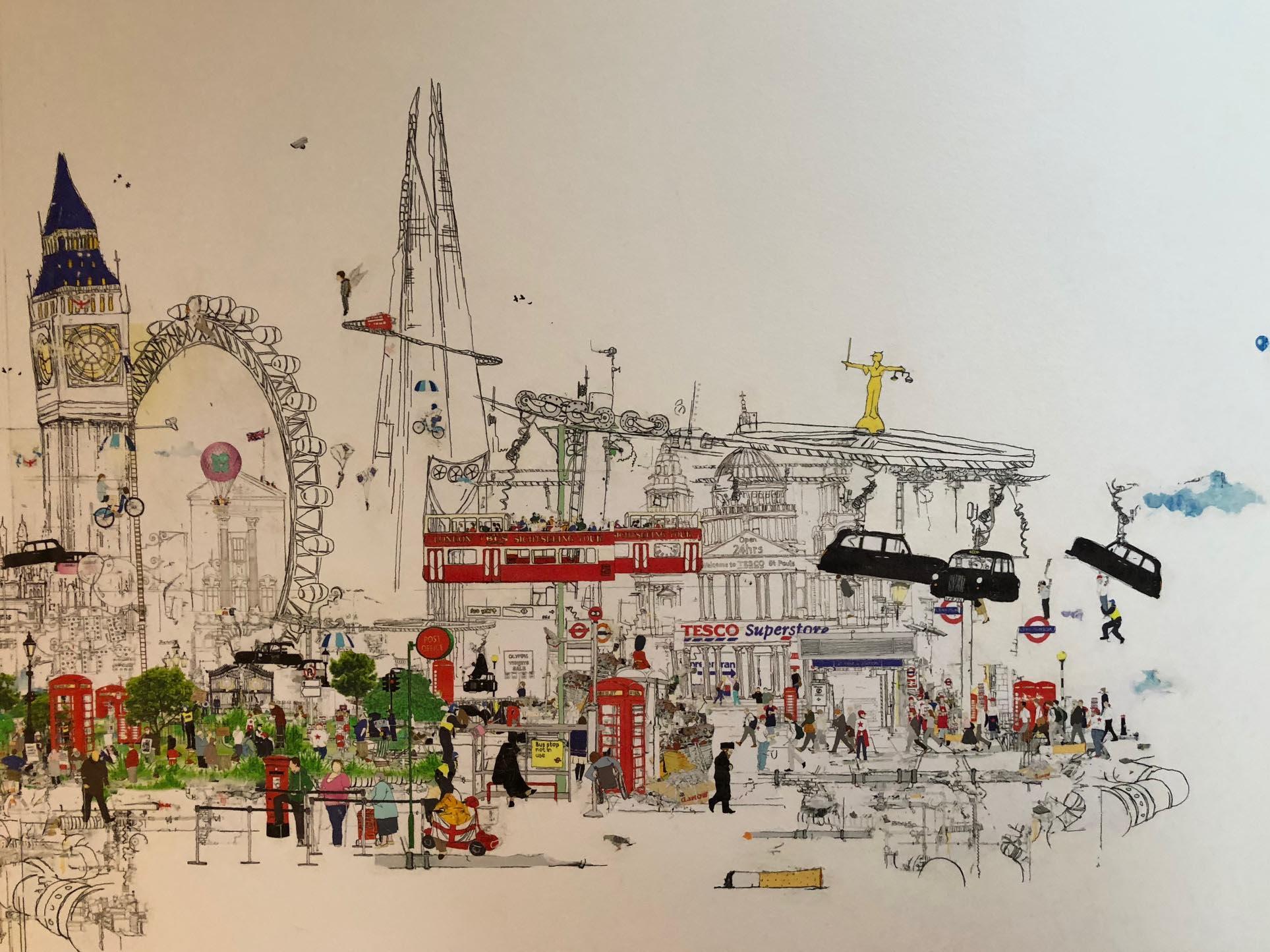Scandal im Hintergrund, Londoner Landschaft, illustrierte zeitgenössische Stadtansicht (Grau), Landscape Painting, von Laura Jordan