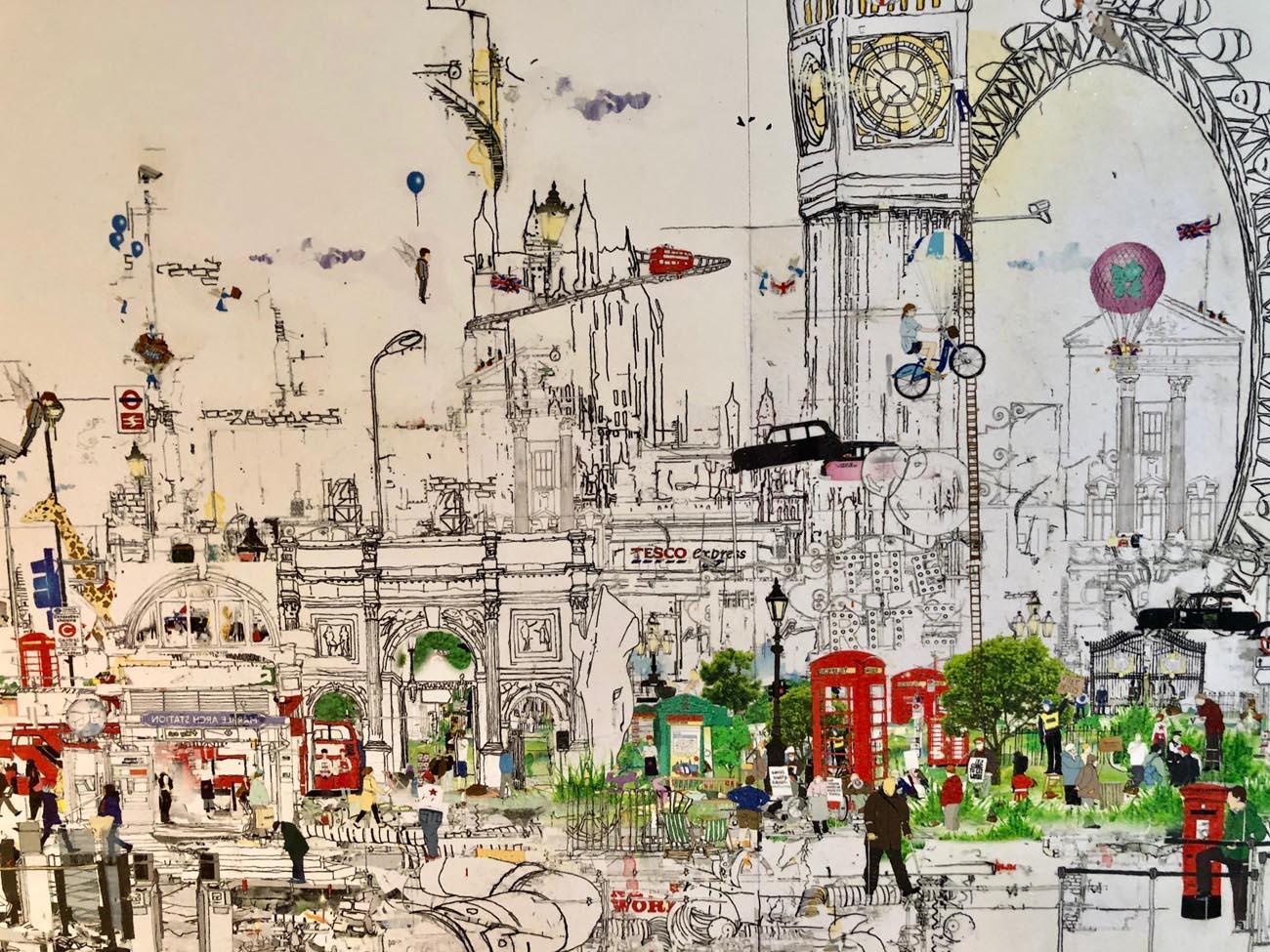 Scandal in the Background, London Landscape, Illustrative Contemporary Cityscape For Sale 1