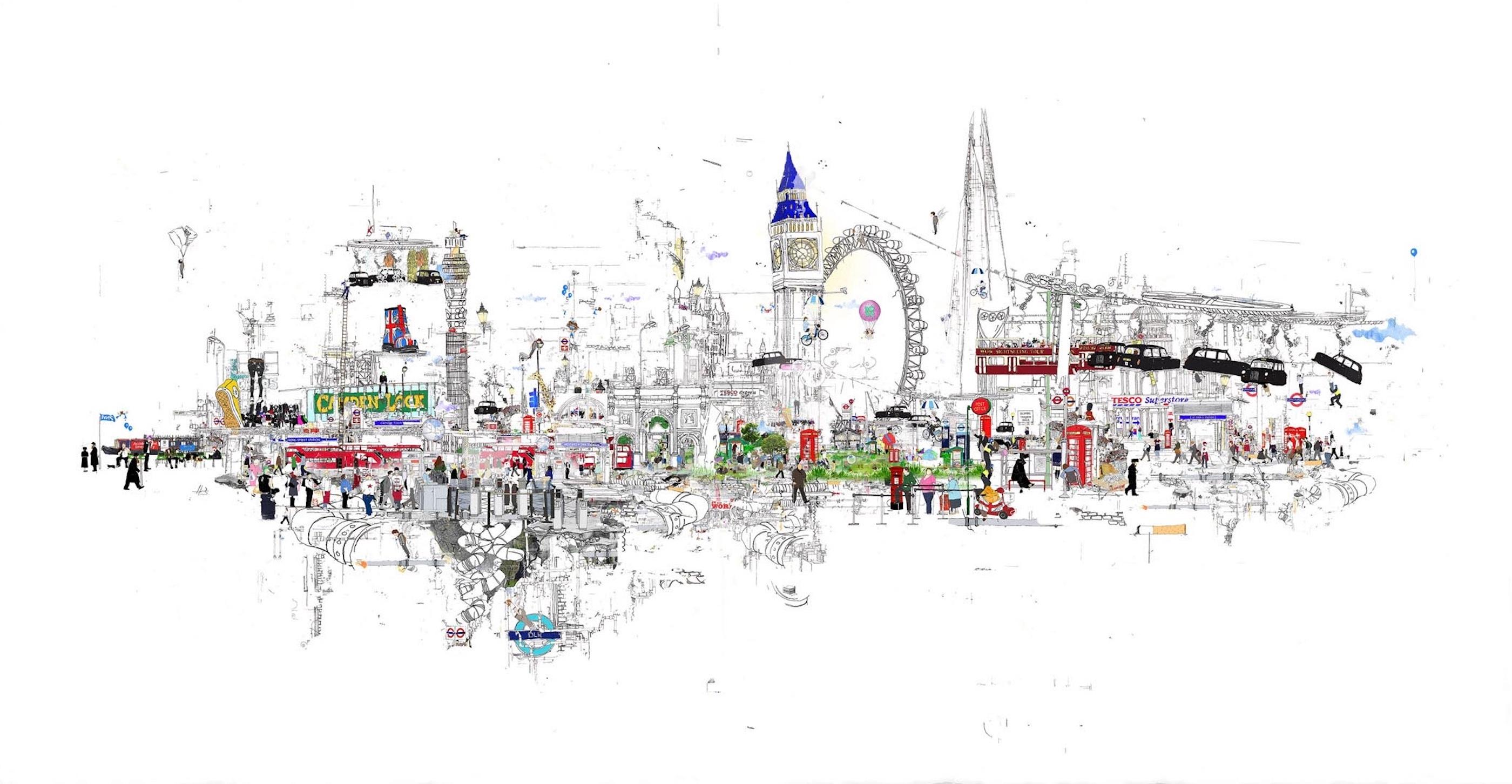 Scandal in the Background, London Landscape, Illustrative Contemporary Cityscape