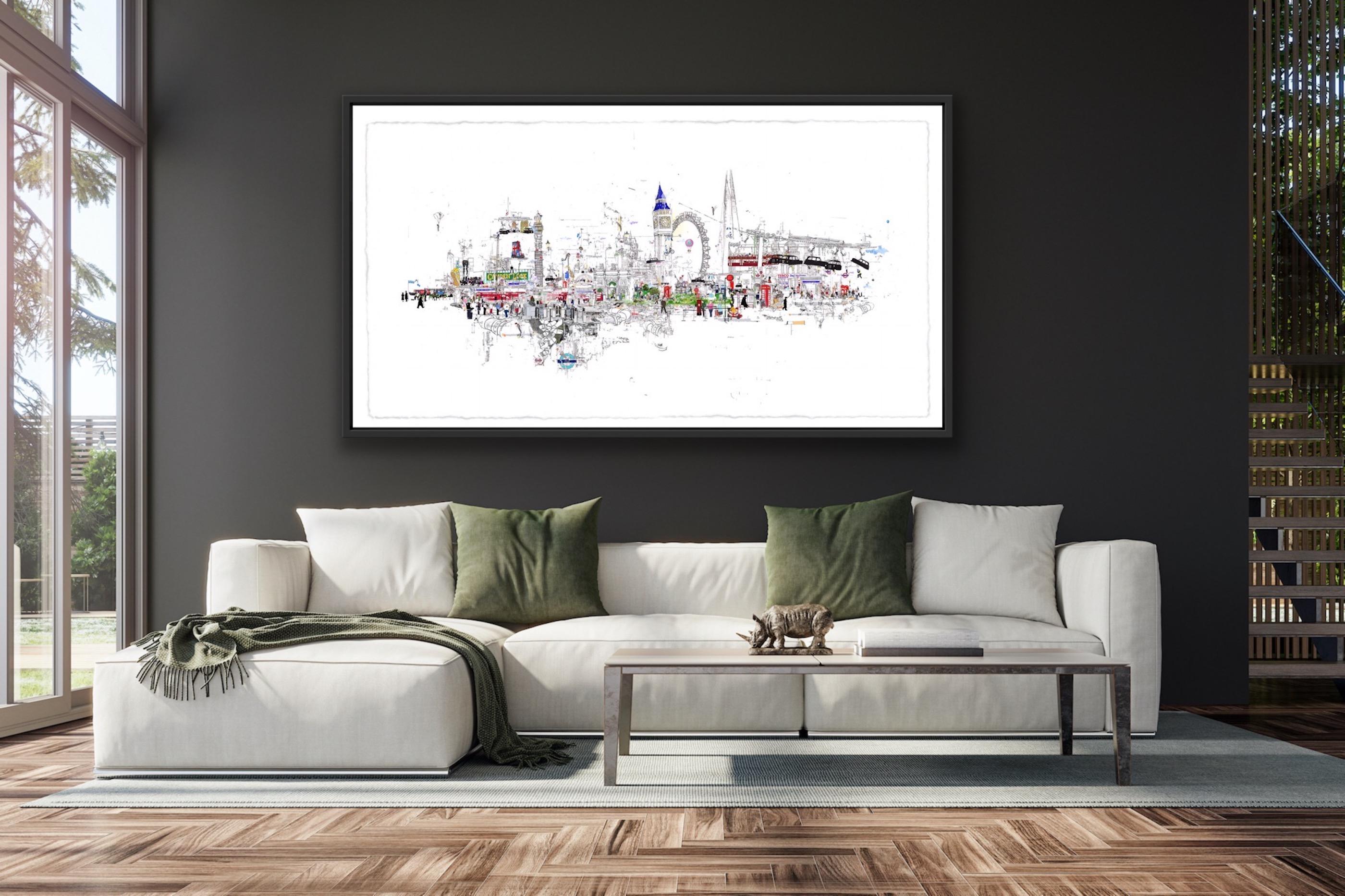 Scandal in the Background, paysage londonien, paysage urbain contemporain illustré en vente 2