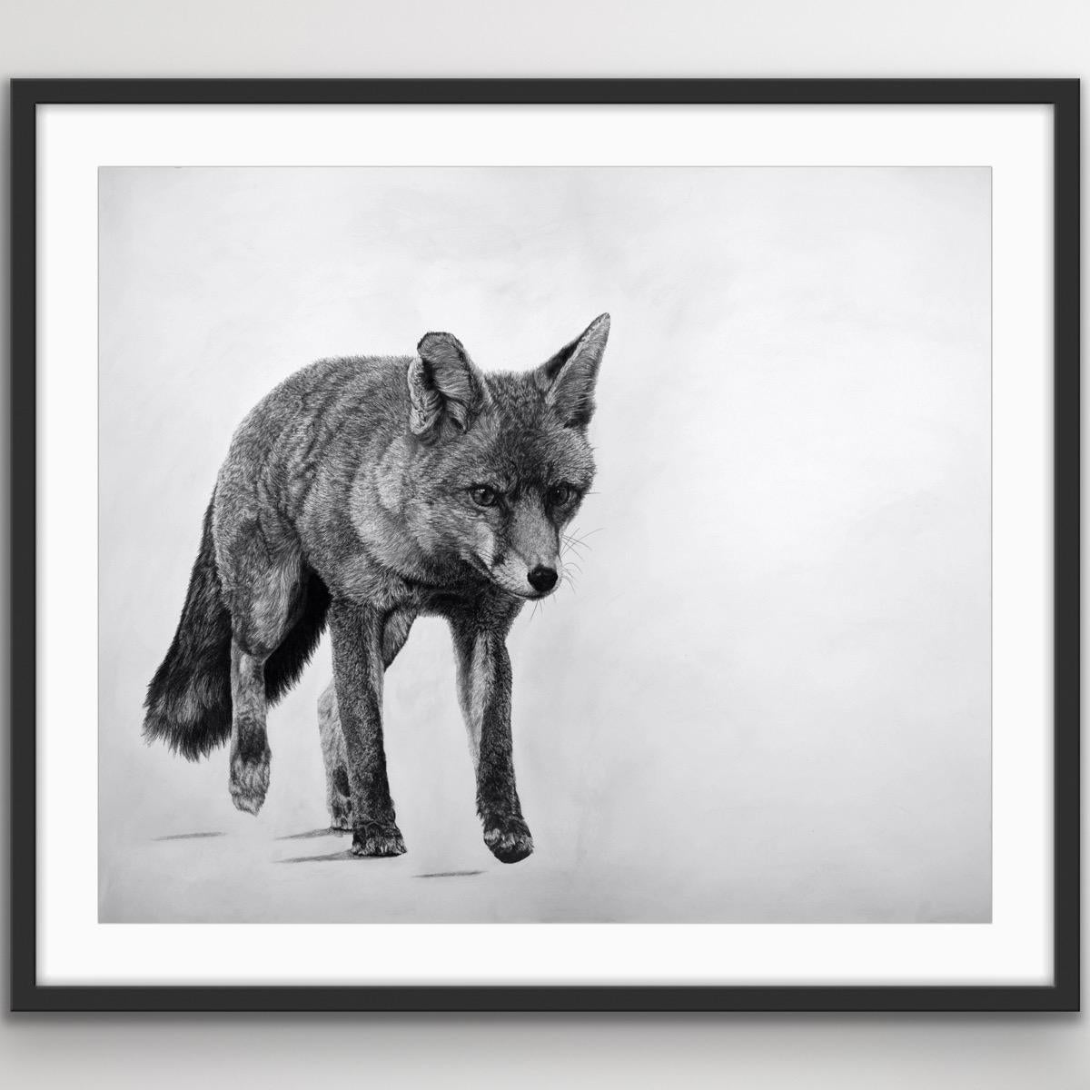 Fox 1, Original Animal Art, Statement Contemporary Black and White Drawing - Gray Animal Painting by David Hunt