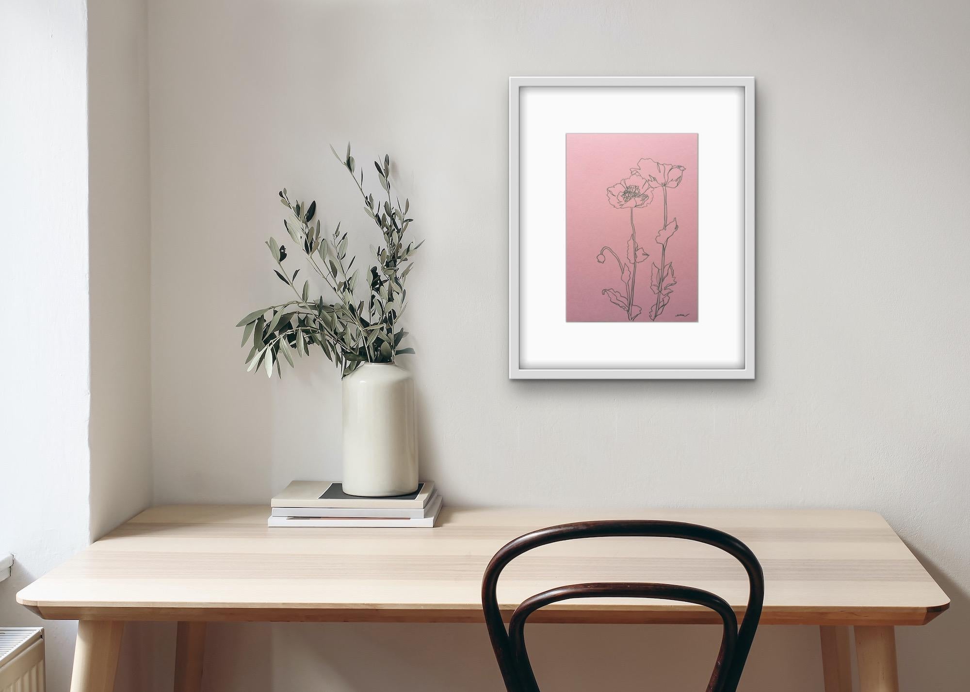 Wilde Mohnblumen II, Blumenkunst, botanische Zeichnung, Originalkunst, erschwingliche Kunst (Beige), Still-Life, von Ellen Williams