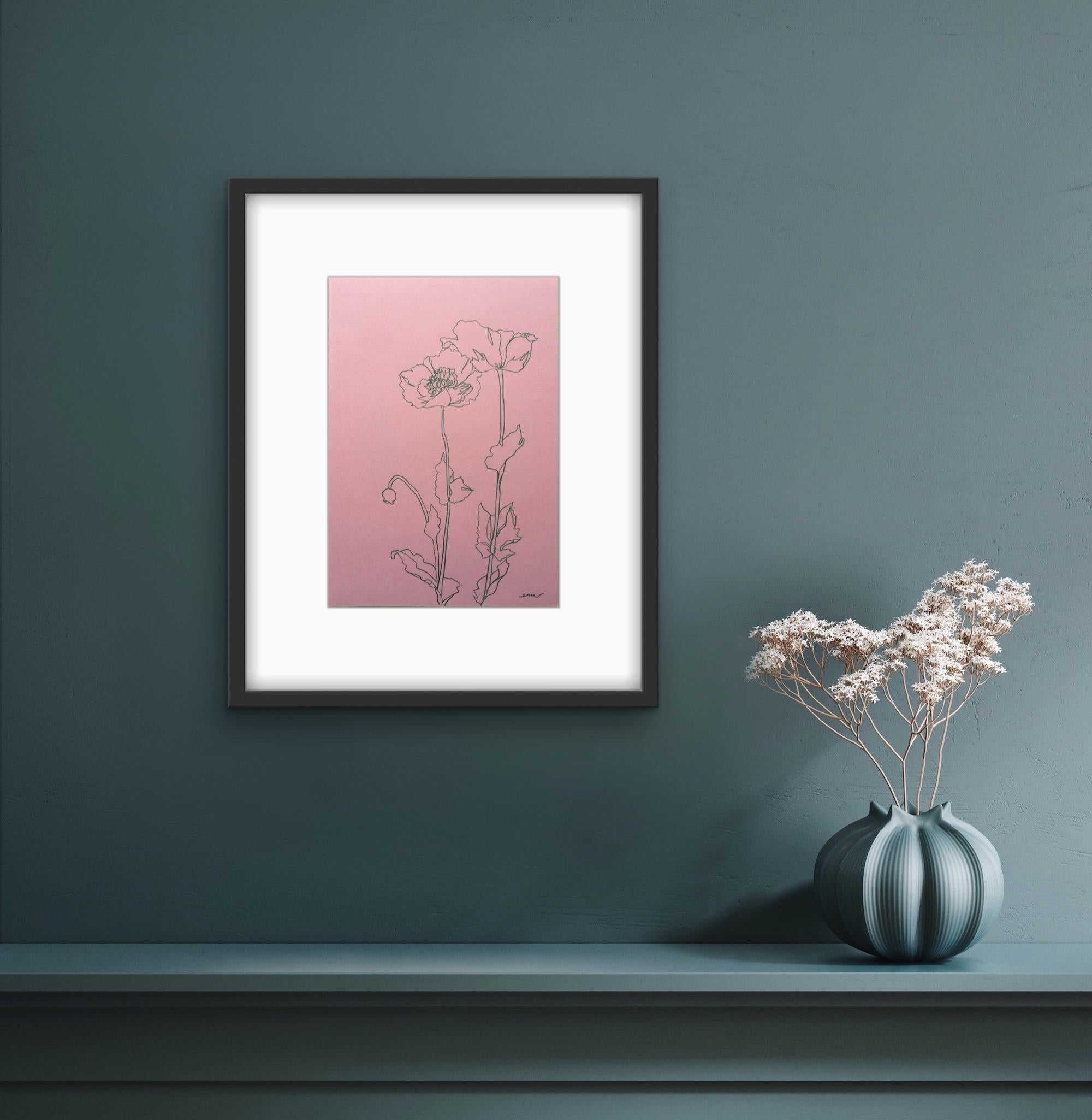 Wild Poppies II, floral art, botanical drawing, original art, affordable art - Art by Ellen Williams