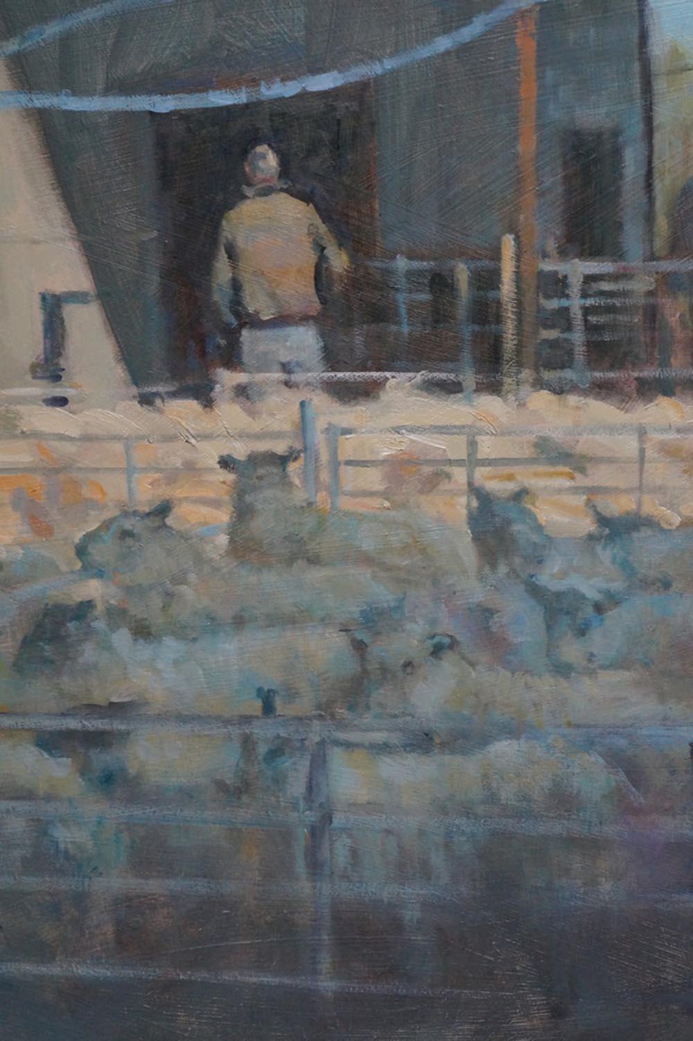 Morning Sheep Market, an original oil painting on canvas - Contemporary Painting by Colin Allbrook