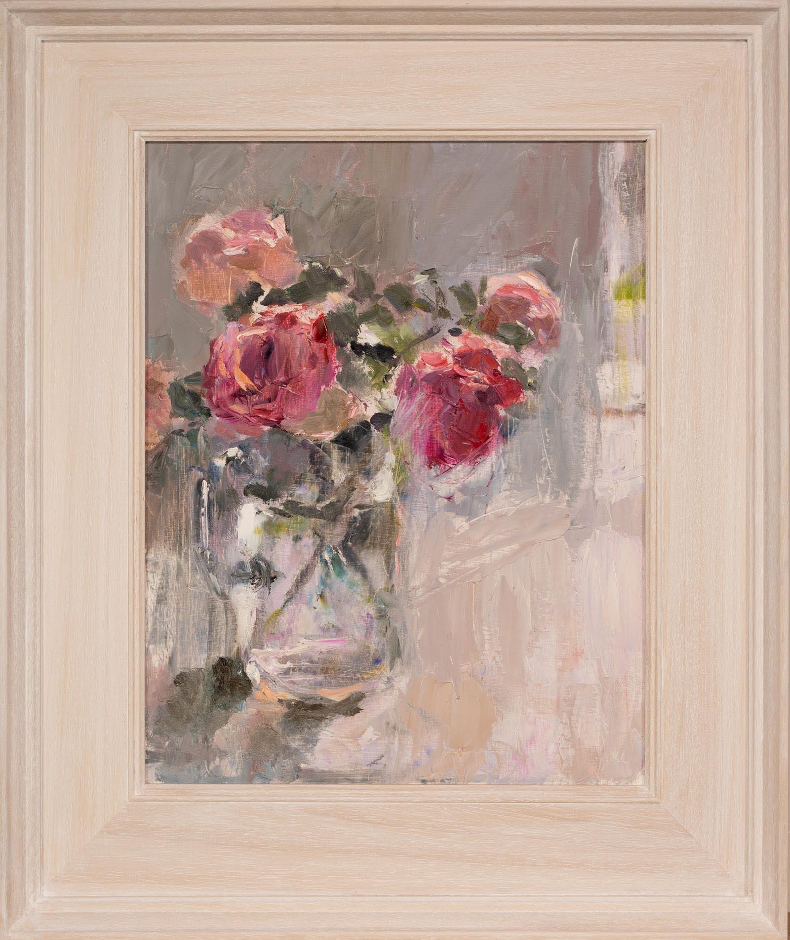 Roses in a glass jug 2, an original still life oil painting - Painting by Lynne Cartlidge