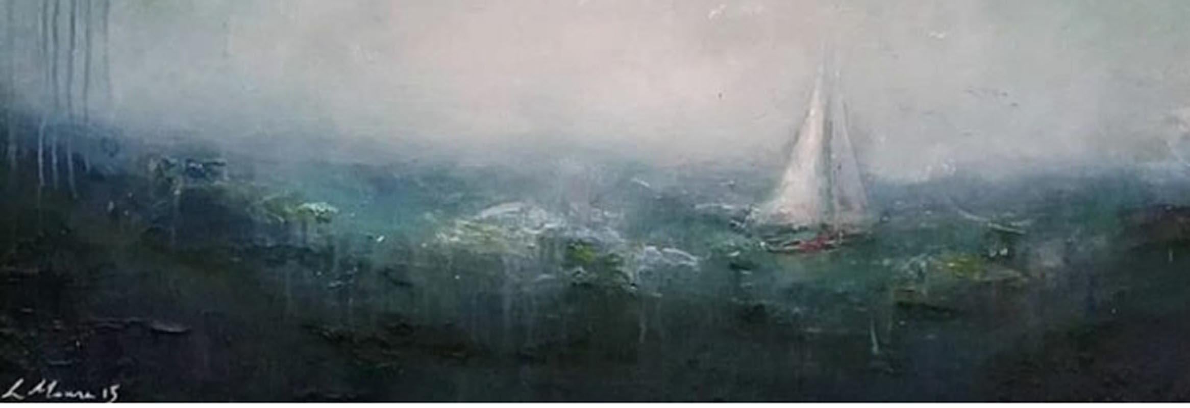 Emerald Sail, Contemporary Seascape Painting (Grau), Abstract Painting, von Lisa House
