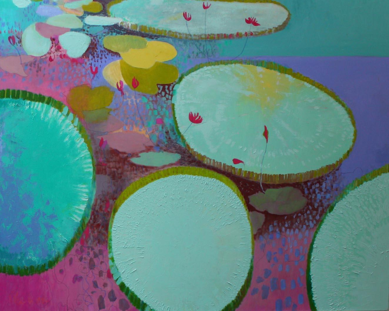Lily Pond in the Landscape, diptych - Abstract Painting by Teresa Pemberton