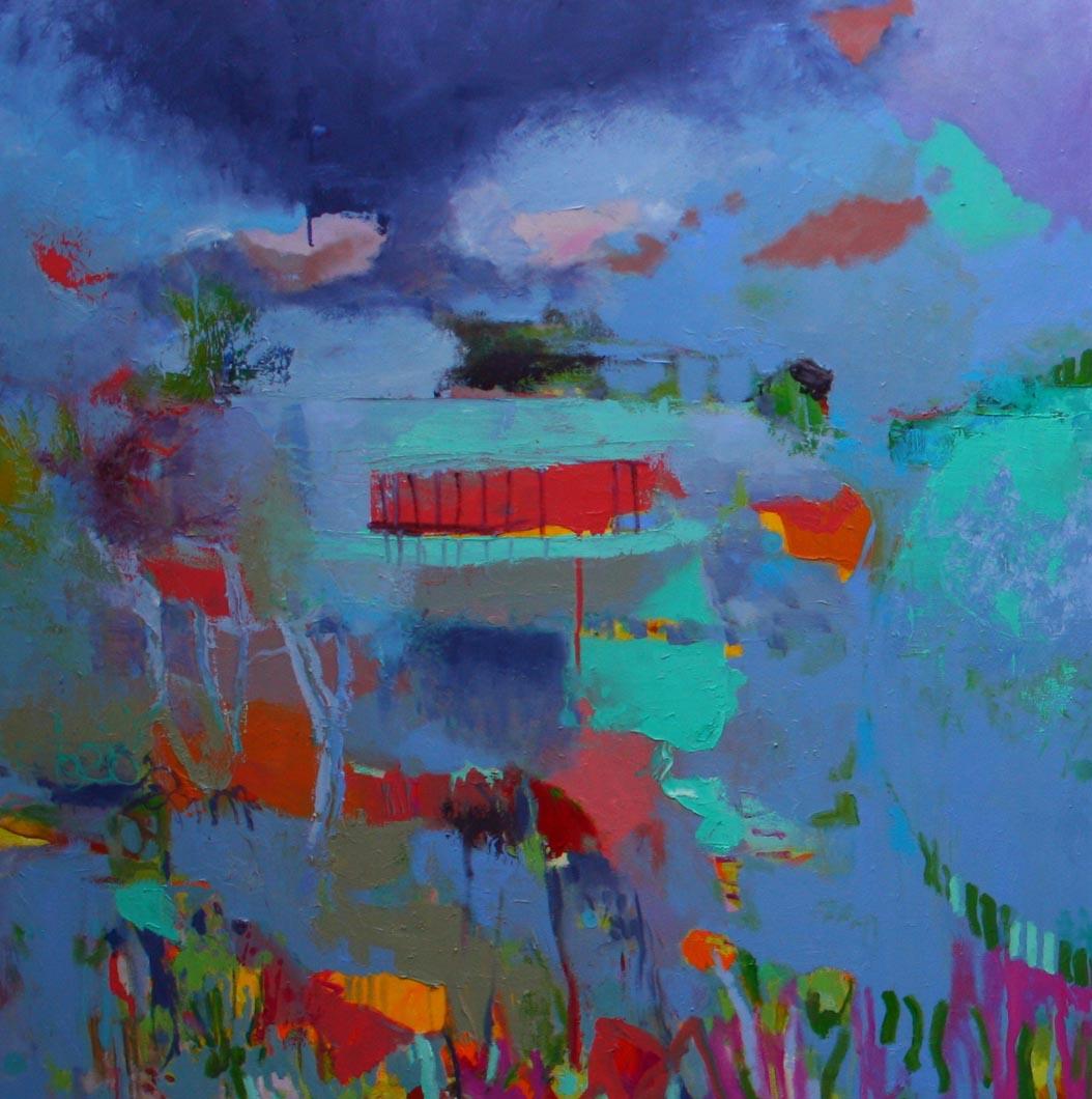 Lily Pond in the Landscape, diptych - Painting by Teresa Pemberton