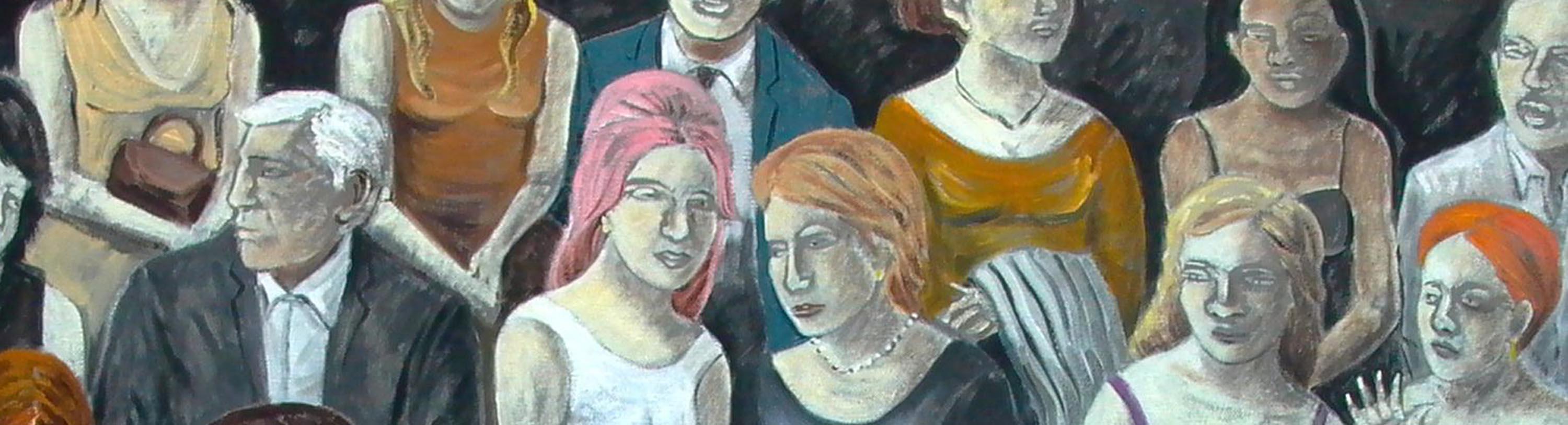 2 kleine Gemälde einer Gruppe von Menschen – Painting von Karen Lynn
