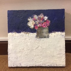 Indaco vintage, pittura floreale, tecnica mista di pittura contemporanea di natura morta