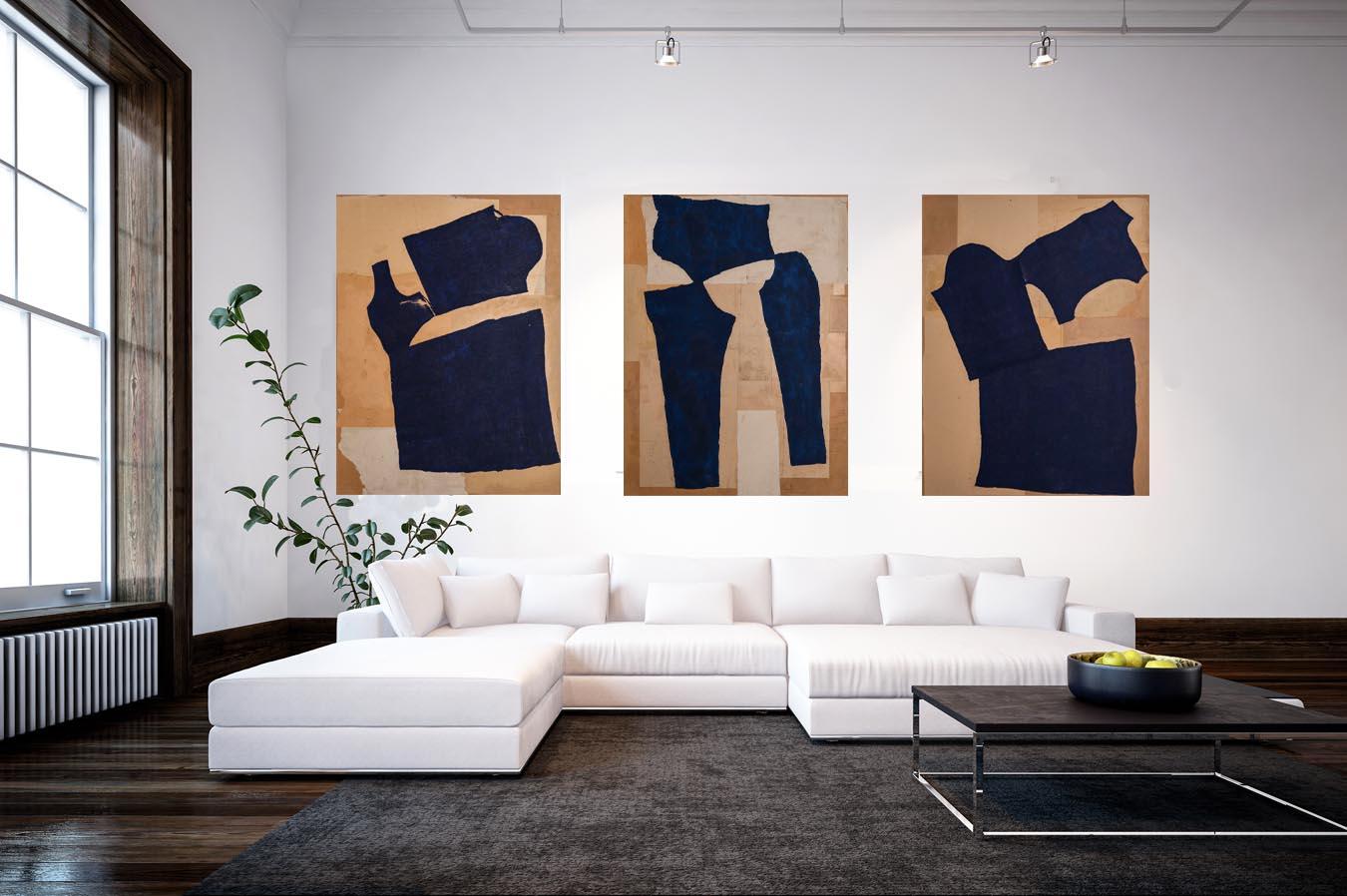 Undone series, large blue abstract cut outs , Triptych, fashion art collage, – Art von Nicola Grellier
