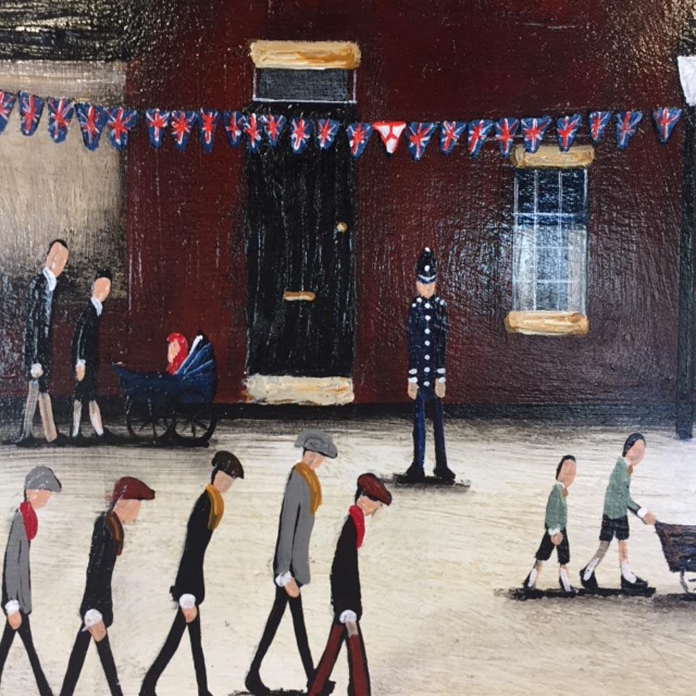 Keeping Watch, oil painting inspired by Lowry, original painting  - Black Figurative Painting by Sean Durkin