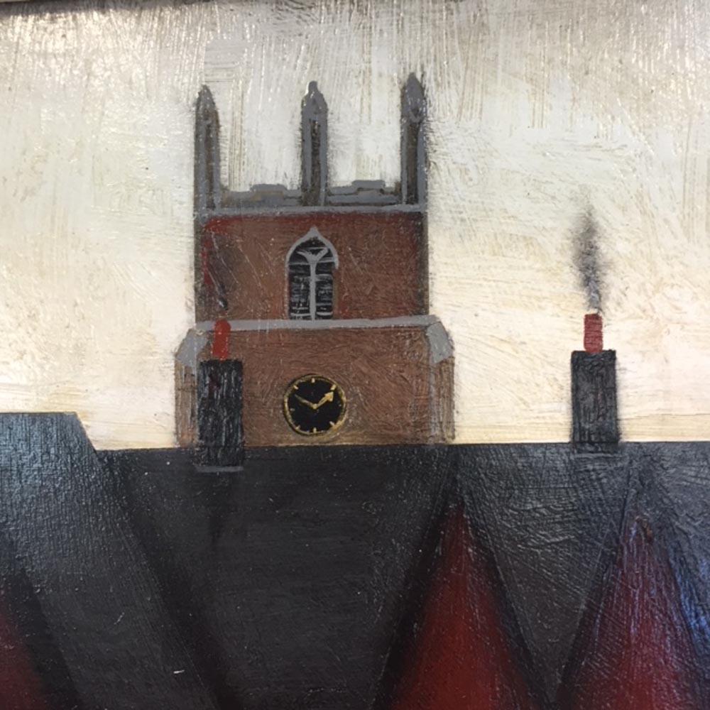 Keeping Watch by Sean Durkin.
An original oil painting on board full or irony and narrative, inspired by Lowry paintings.
oil painting 29.5 x 29.5 cm 
The work is sold Framed – The overall size with the frame is 58 x 58 cm.
Signed ‘Durkin’ in the
