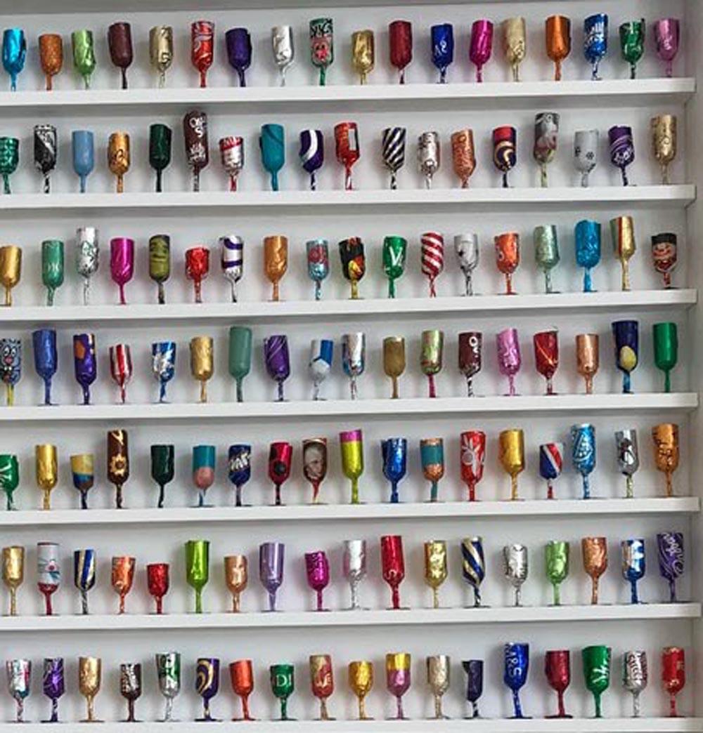 Goblets 3, recycled art, wall installation art, colourful and unusual sweet art - Contemporary Sculpture by Joanne Tinker