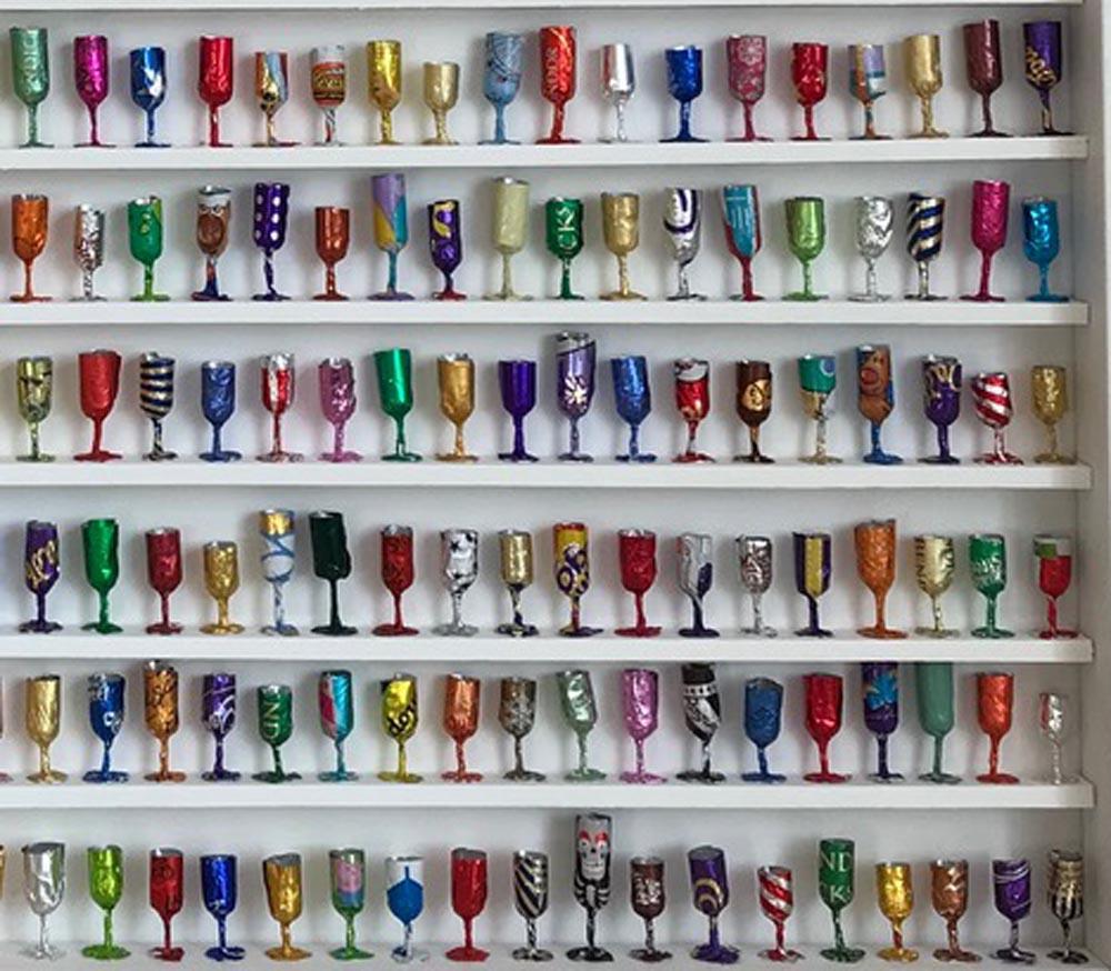 Goblets 3, recycled art, wall installation art, colourful and unusual sweet art - Gray Still-Life Sculpture by Joanne Tinker