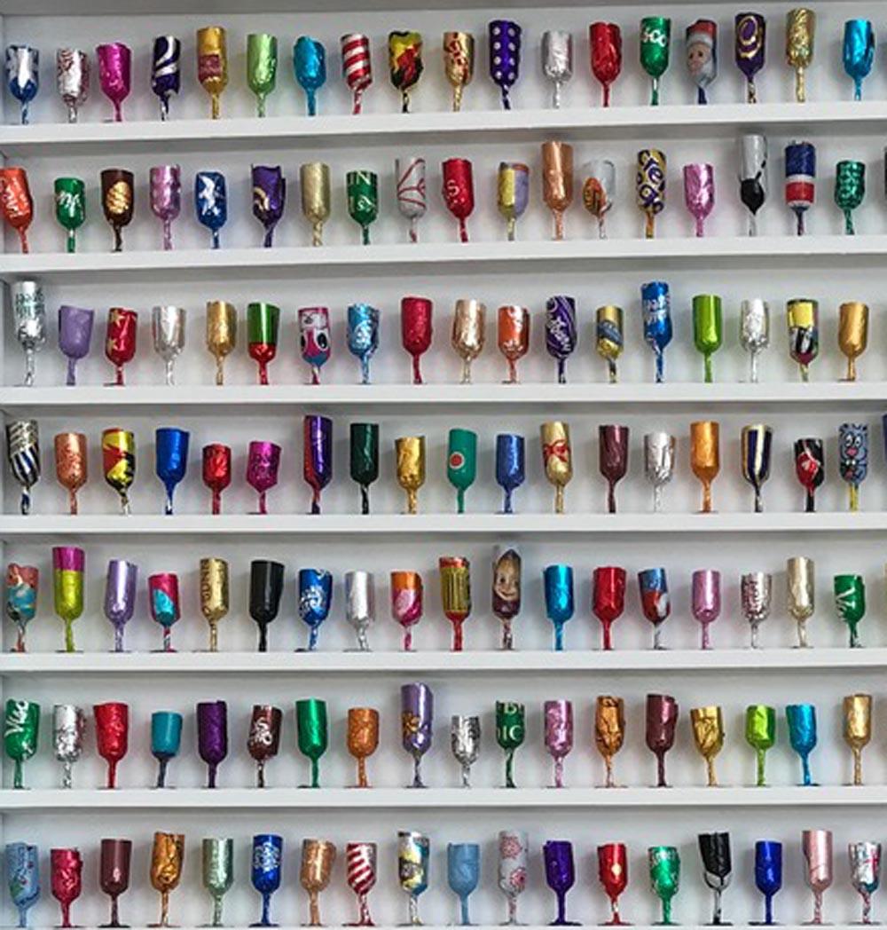 Goblets 3, recycled art, wall installation art, colourful and unusual sweet art 1