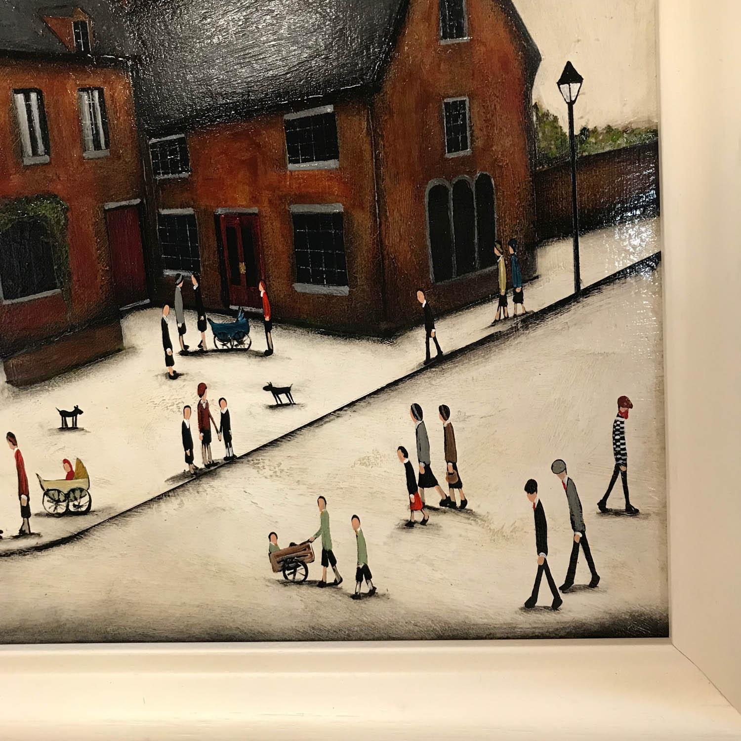 This is an oil painting by Sean Durkin of Deddington Market Place, Oxfordshire. Typical Cotswold scene in Lowry style painting .
Original art painting framed. 
