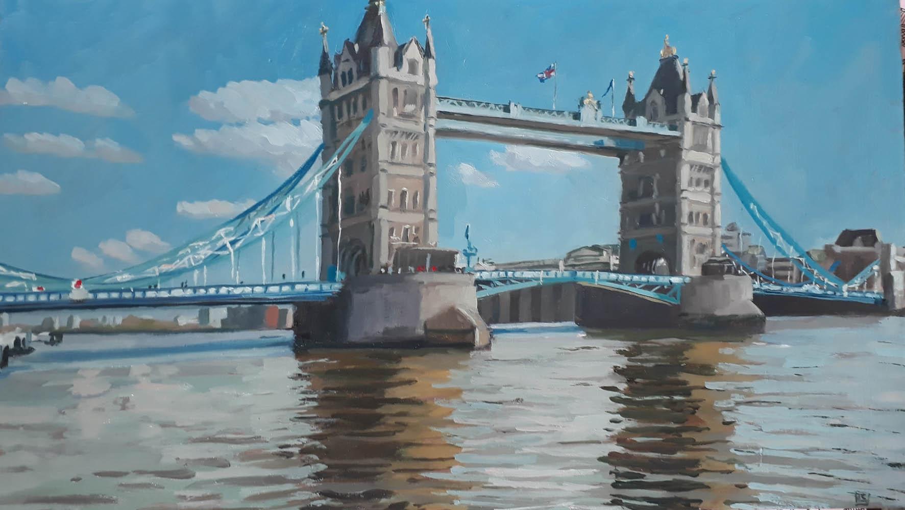 Tower Bridge London from the North Bank BY LESLEY DABSON, Original Painting - Art by Lesley Dabson