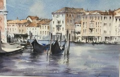 Trevor Waugh, Waiting Gondolas Venise, peinture à l'aquarelle originale, lieu