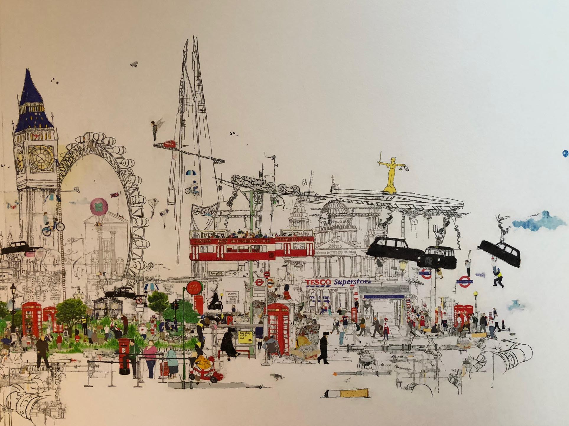 Scandal in the Background - London Landscape - Laura Jordan - Contemporary artist
An original pen, ink and collage on drawing paper.
100 x 160cm - paper size
110 x 170cm - frame size
Framed in a simple black frame. 
Signed, editioned and titled by
