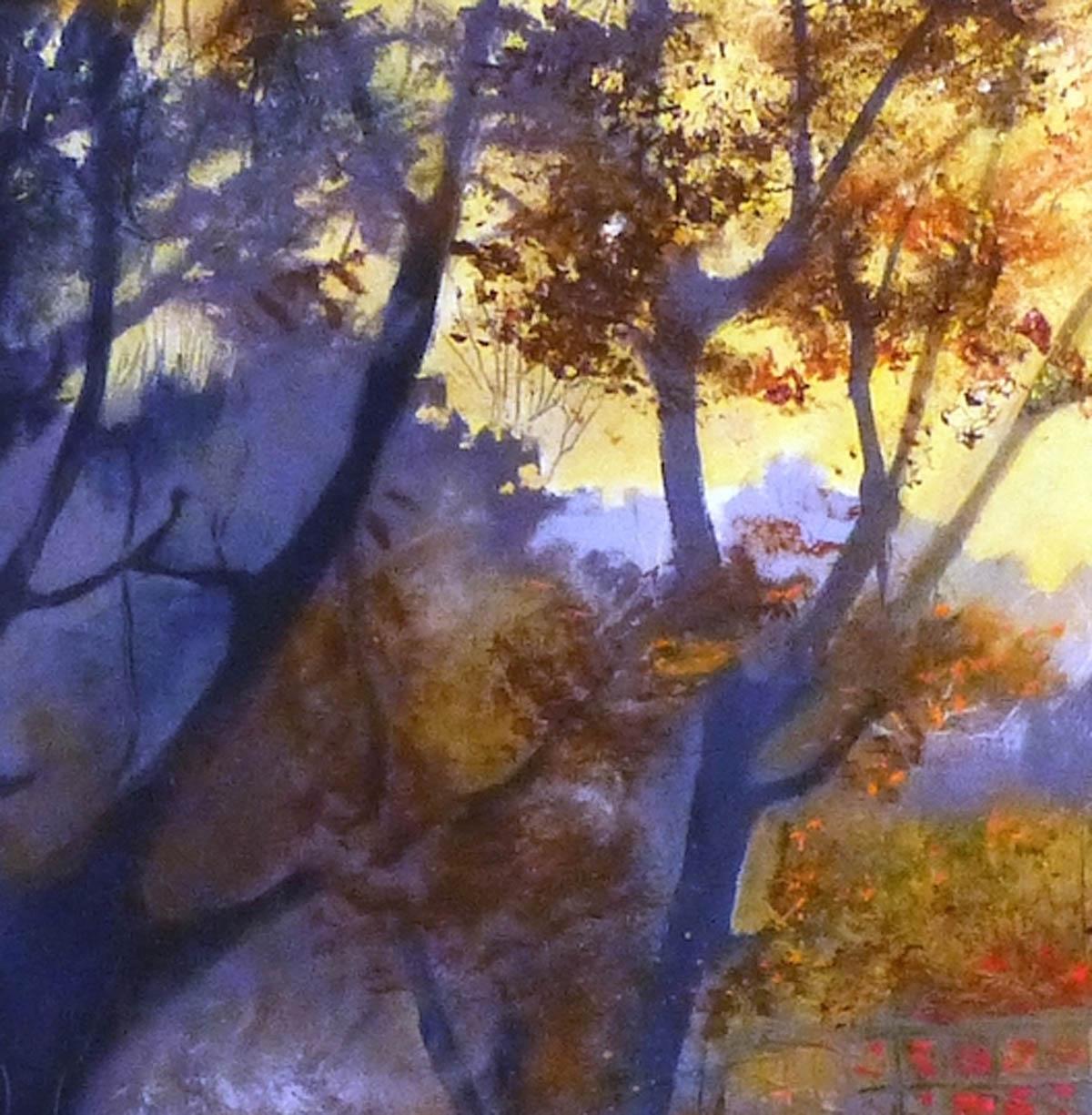 Alba d'autunno DI ANUK NAUMANN, Pittura originale con tecnica mista di paesaggio in vendita in vendita 1