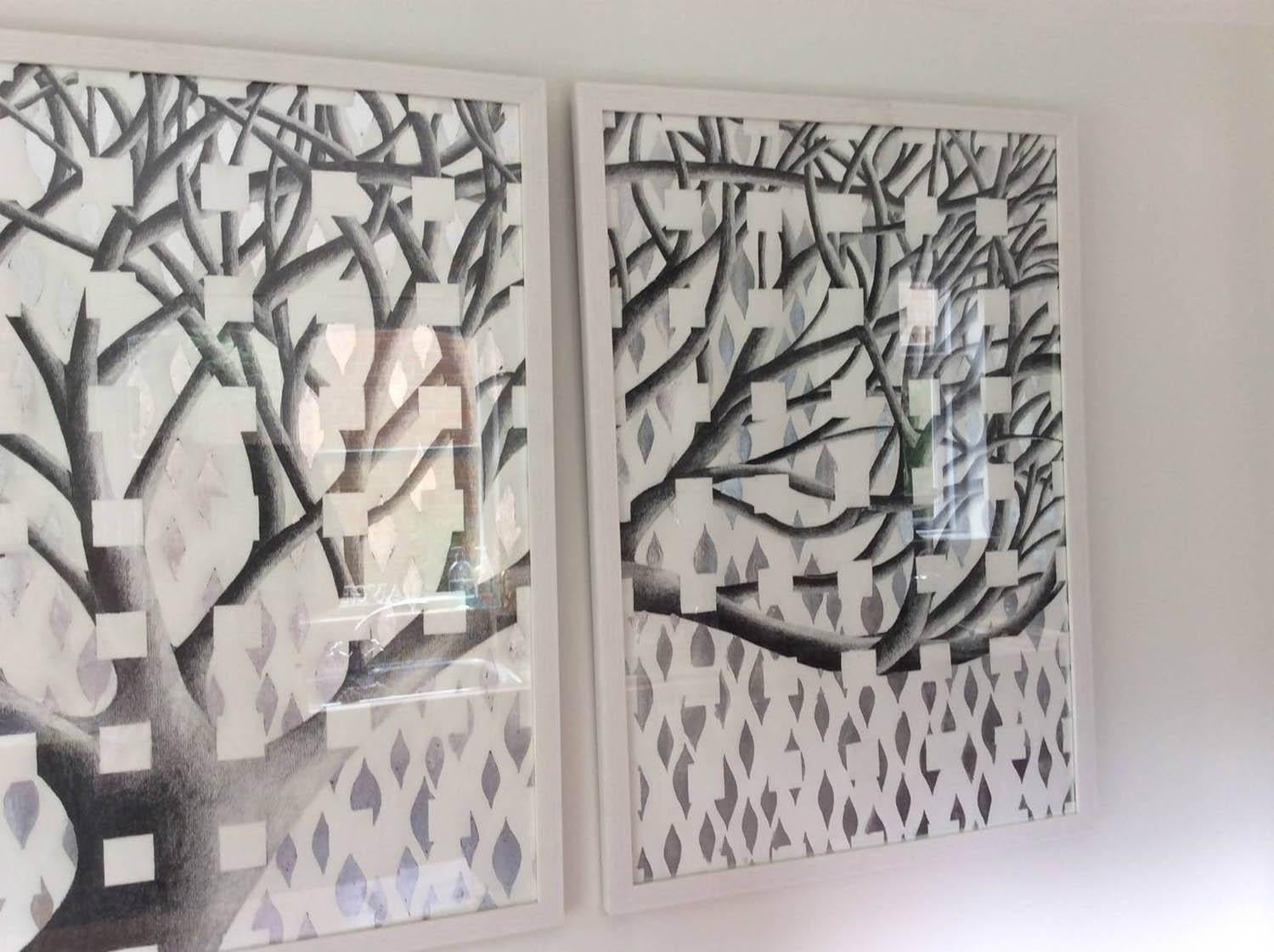 Lorraine Thorne
Original work on paper
framed in 3 seperate frames under glass.
 
Height 100 width 210cm 
Heavy Fabriano paper, graphite, silver leaf
 
Beatrice's Tree was made in Florence whilst on an art residency culminating in an exhibition. It
