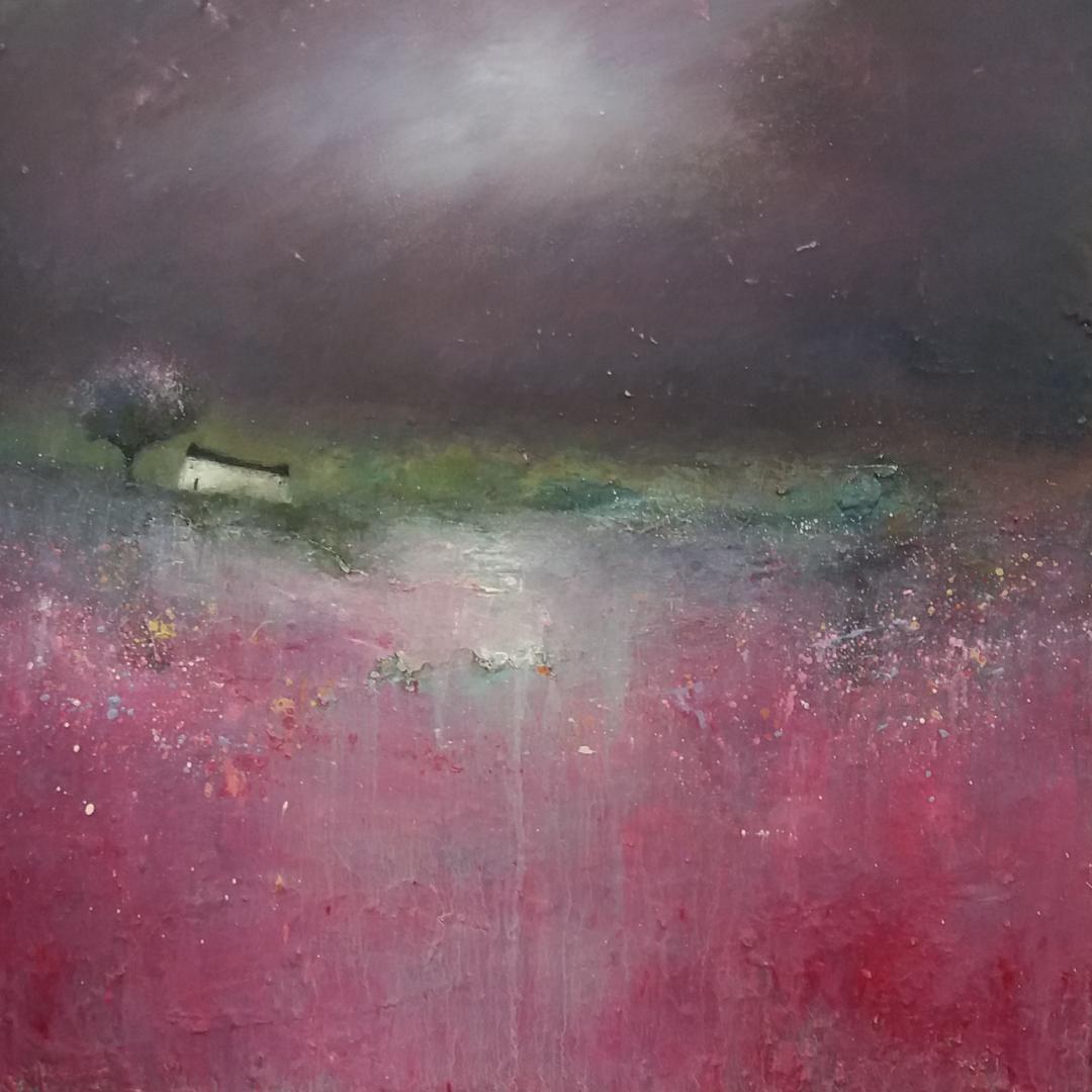 Fields of Crimson, rose et violet, art abstrait, peinture de paysage, Lisa House