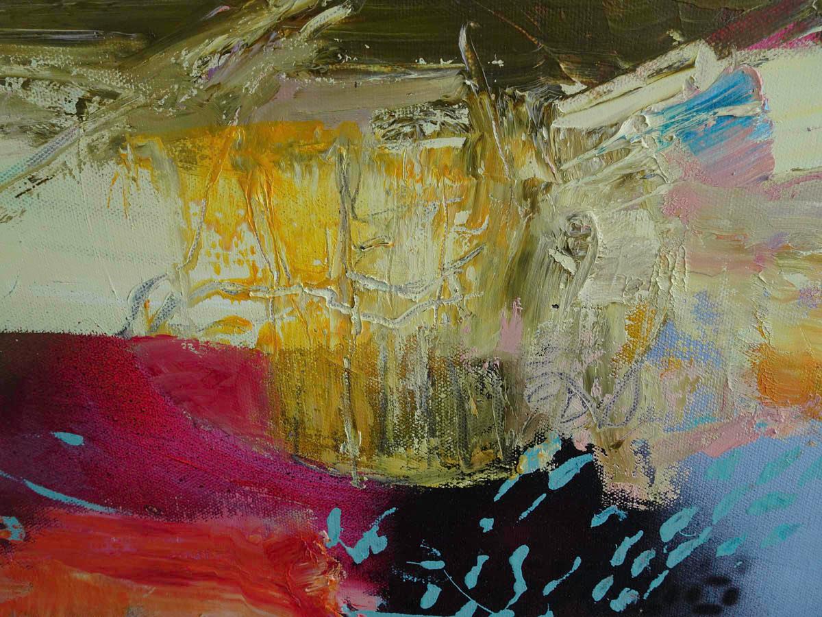 Teresa Pemberton Finding the Clues 2014 Inspired by the landscape and archeology of Dartmoor where a Bronze Age grave was discovered. Contemporary painting. Vibrant colour. Experimental. Mixed media: acrylic, spray paint,
oil paint.