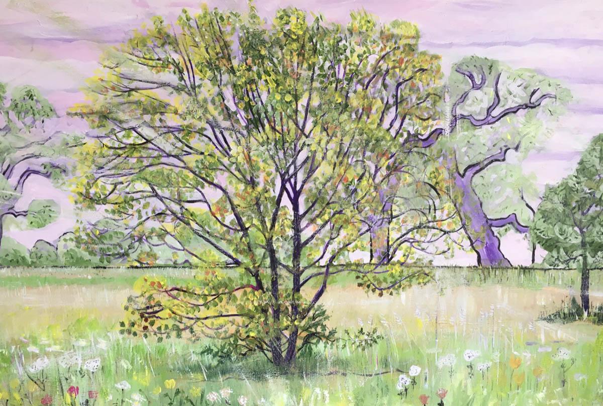 Sally Ann Wake Jones and Peter Wake Jones Landscape Painting – Zeitgenössisches Landschaftsgemälde der Solitärin Shrub, die im Wind wandert