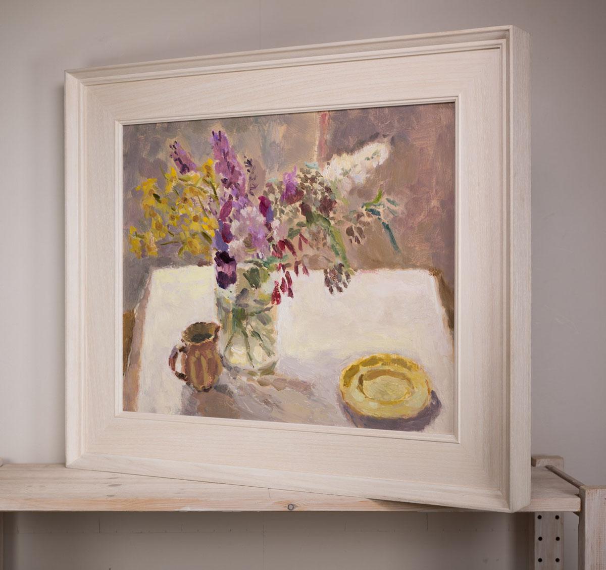 Buddleia with Yellow Flowers and Saucer BY LYNNE CARTLIDGE, Contemporary Art - Painting by Lynne Cartlidge