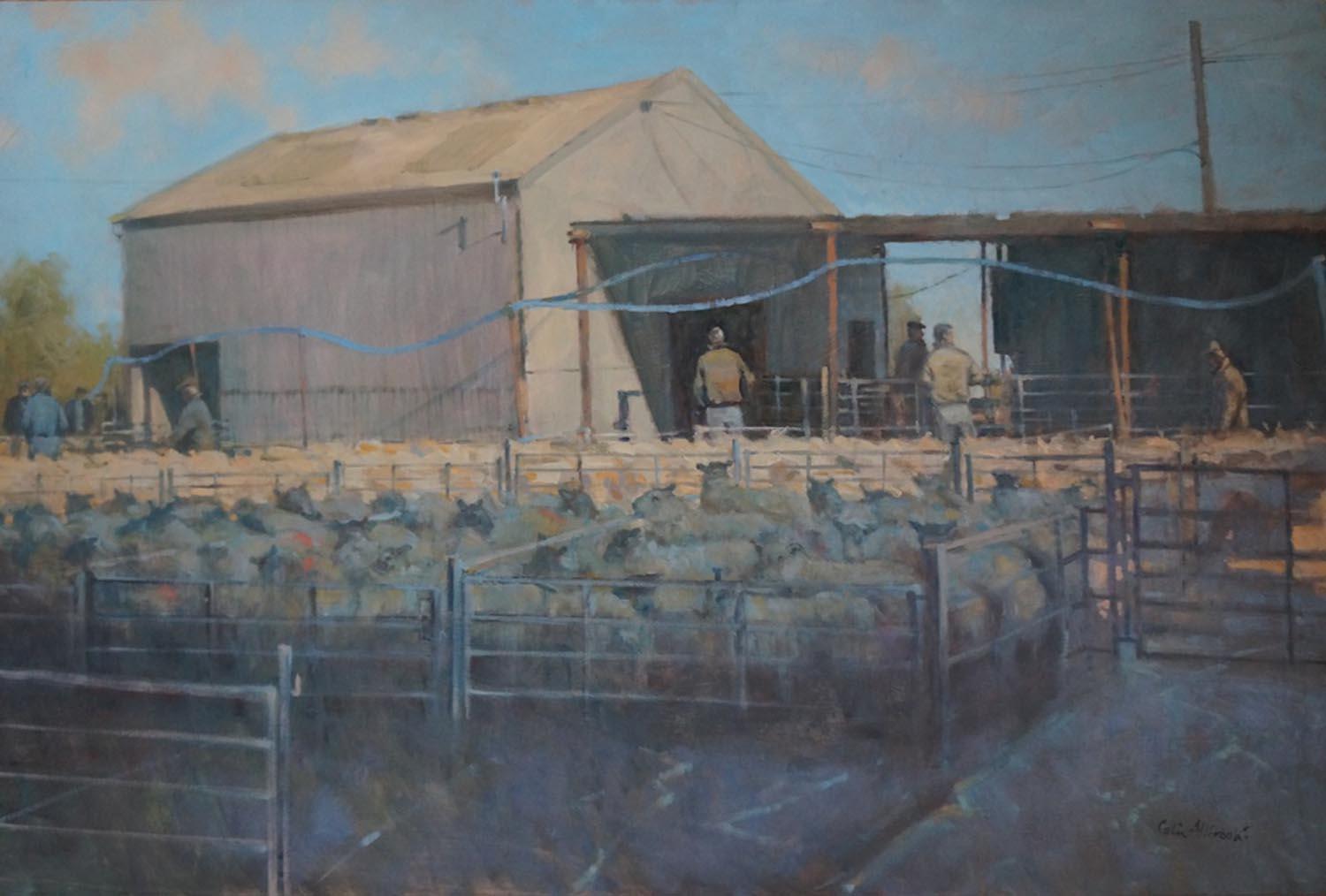 Landscape Painting di Colin Allbrook - Mercato delle pecore del mattino, un dipinto a olio originale su tela
