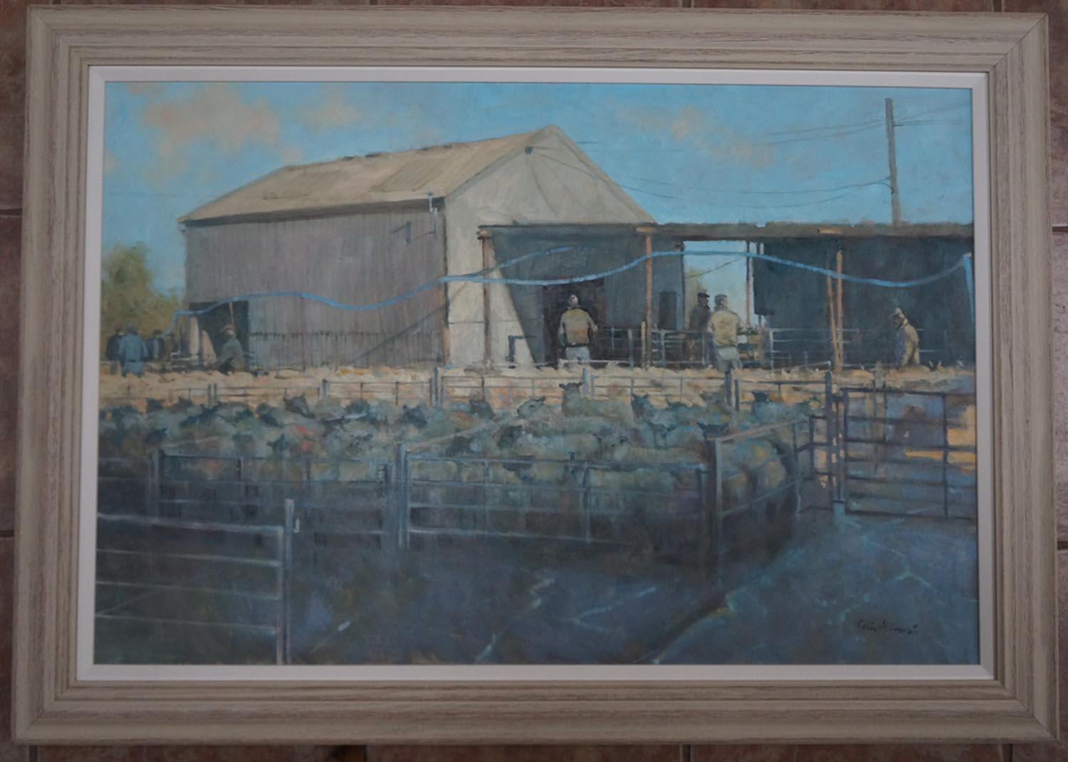 Le marché des moutons du matin, une peinture à l'huile originale sur toile - Painting de Colin Allbrook