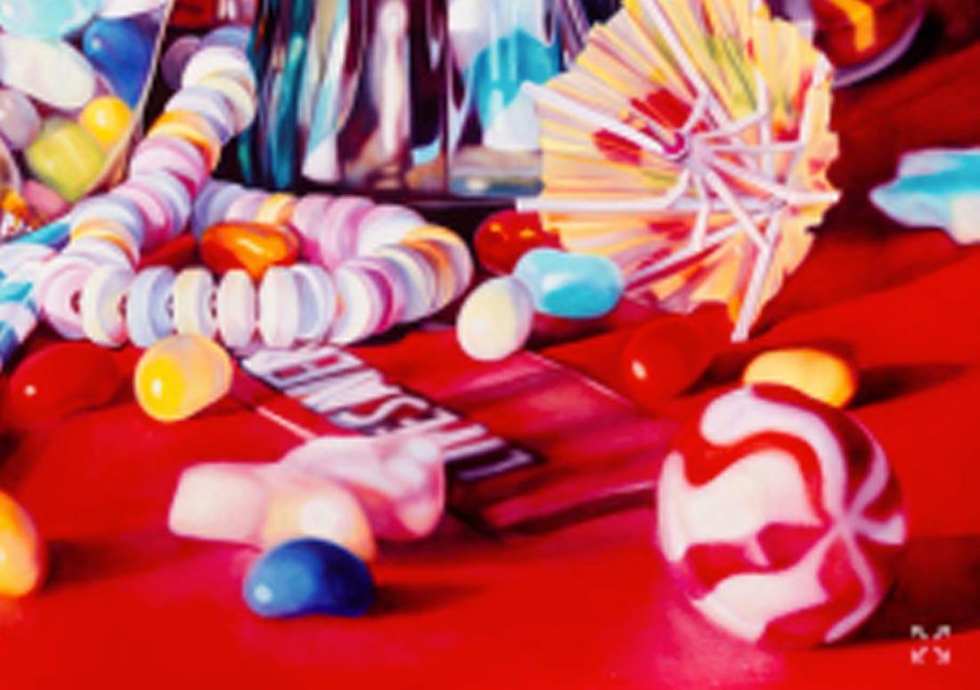 Coca, Jelly Beans et Lifesavers, nature morte, sérigraphie pop art - Rouge Print par Kate Brinkworth