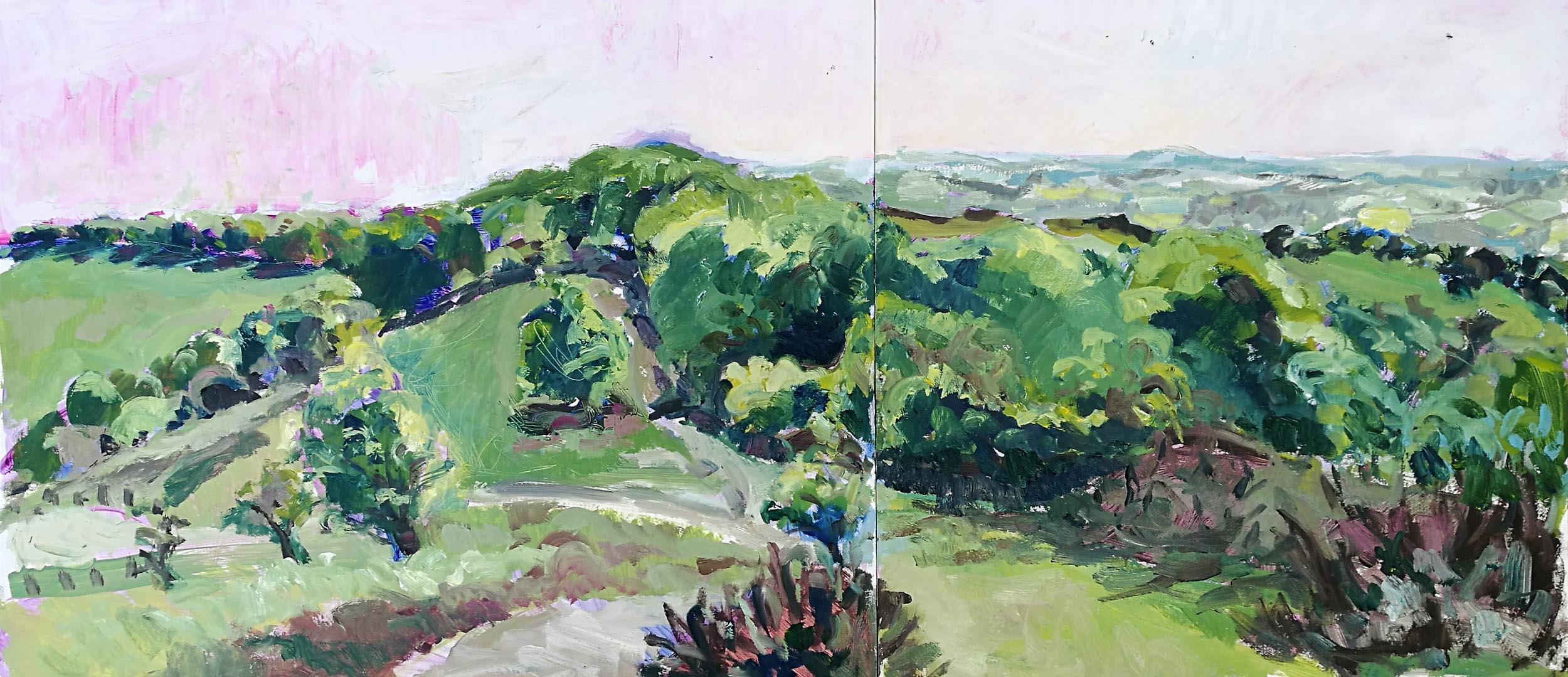 Lisa Takahashi Landscape Painting - The Quantocks From Crowcombe, an abstract landscape oil painting, diptych