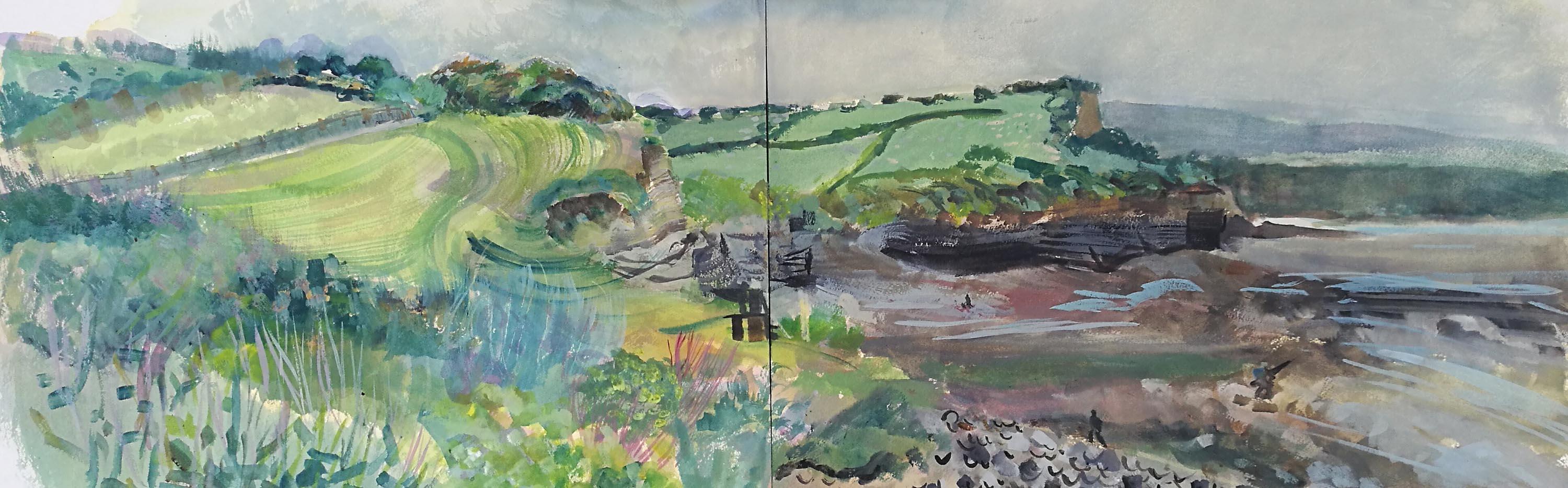 Walkers on Kilve Beach, landscape watercolour, diptych, Lisa Takahashi
