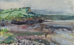 Paseantes en la playa de Kilve, acuarela de paisaje, díptico, Lisa Takahashi