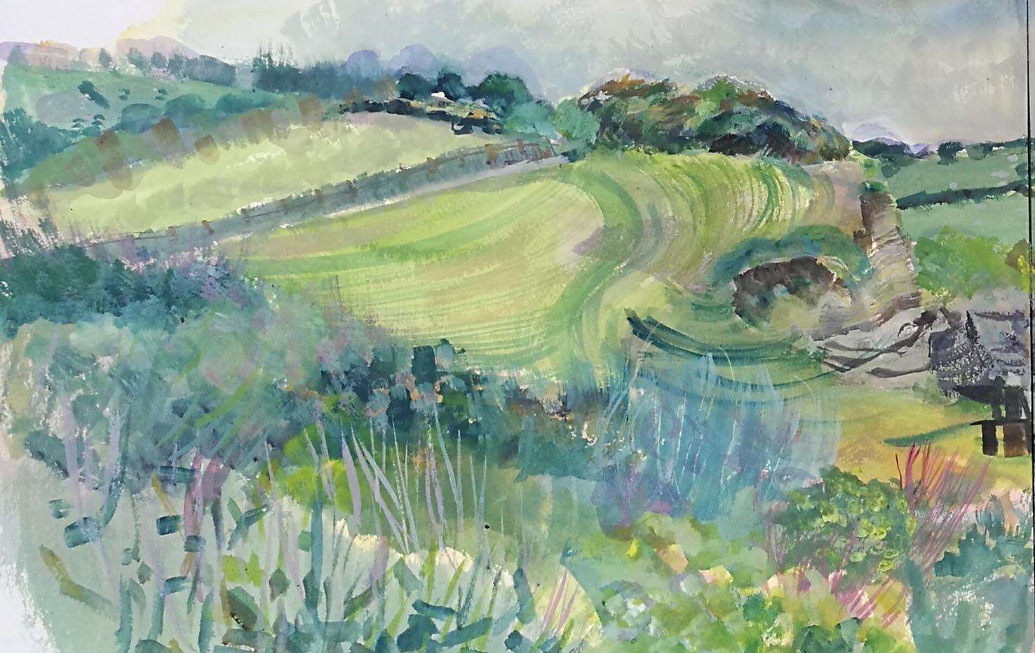 Paseantes en la playa de Kilve, acuarela de paisaje, díptico, Lisa Takahashi en venta 2