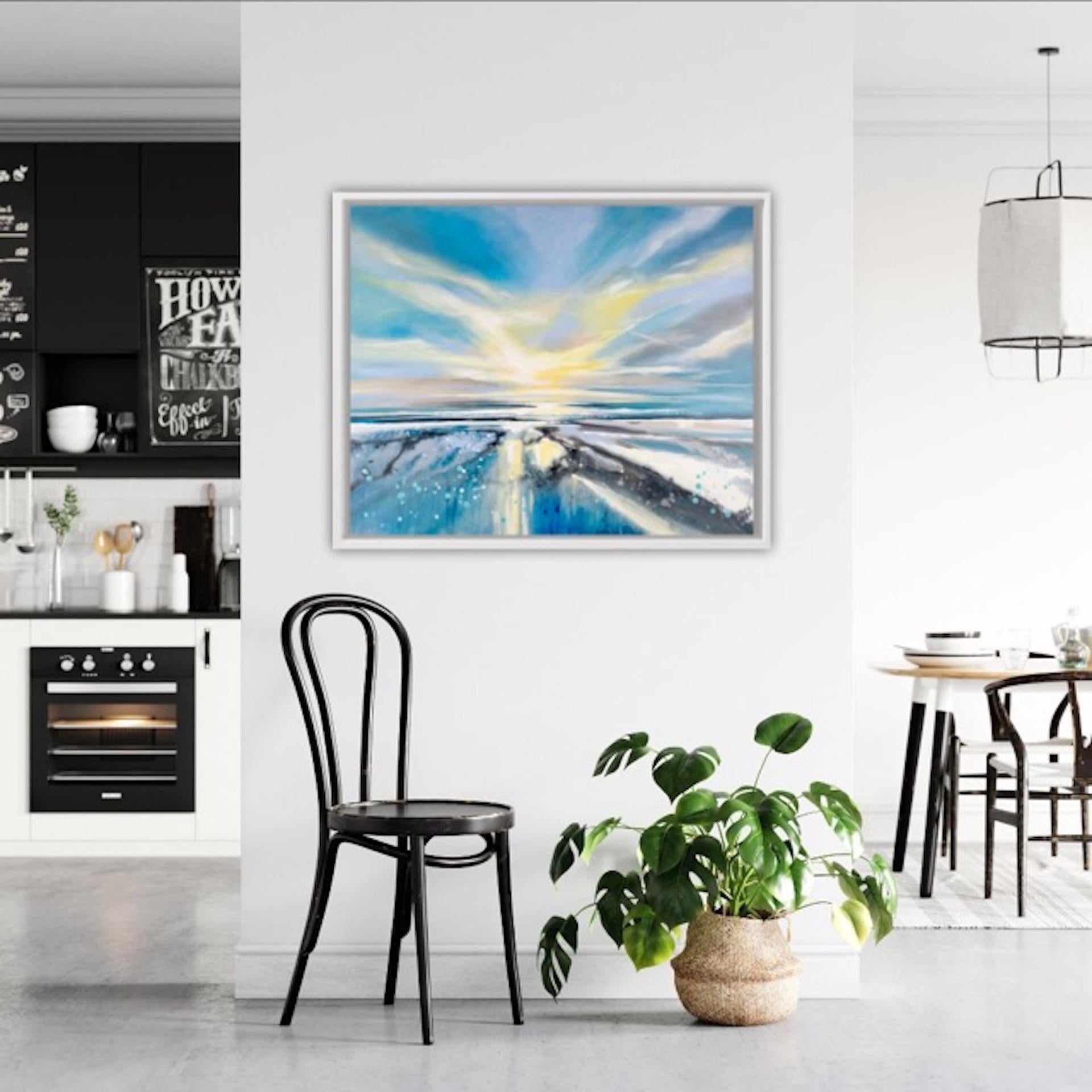 This stunning original seascape is painted on canvas in acrylic and acrylic inks by British artist Adele Riley. Painting pléin air and within her studios in the Cotswolds Adele is constantly studying and capturing light and weather within her land