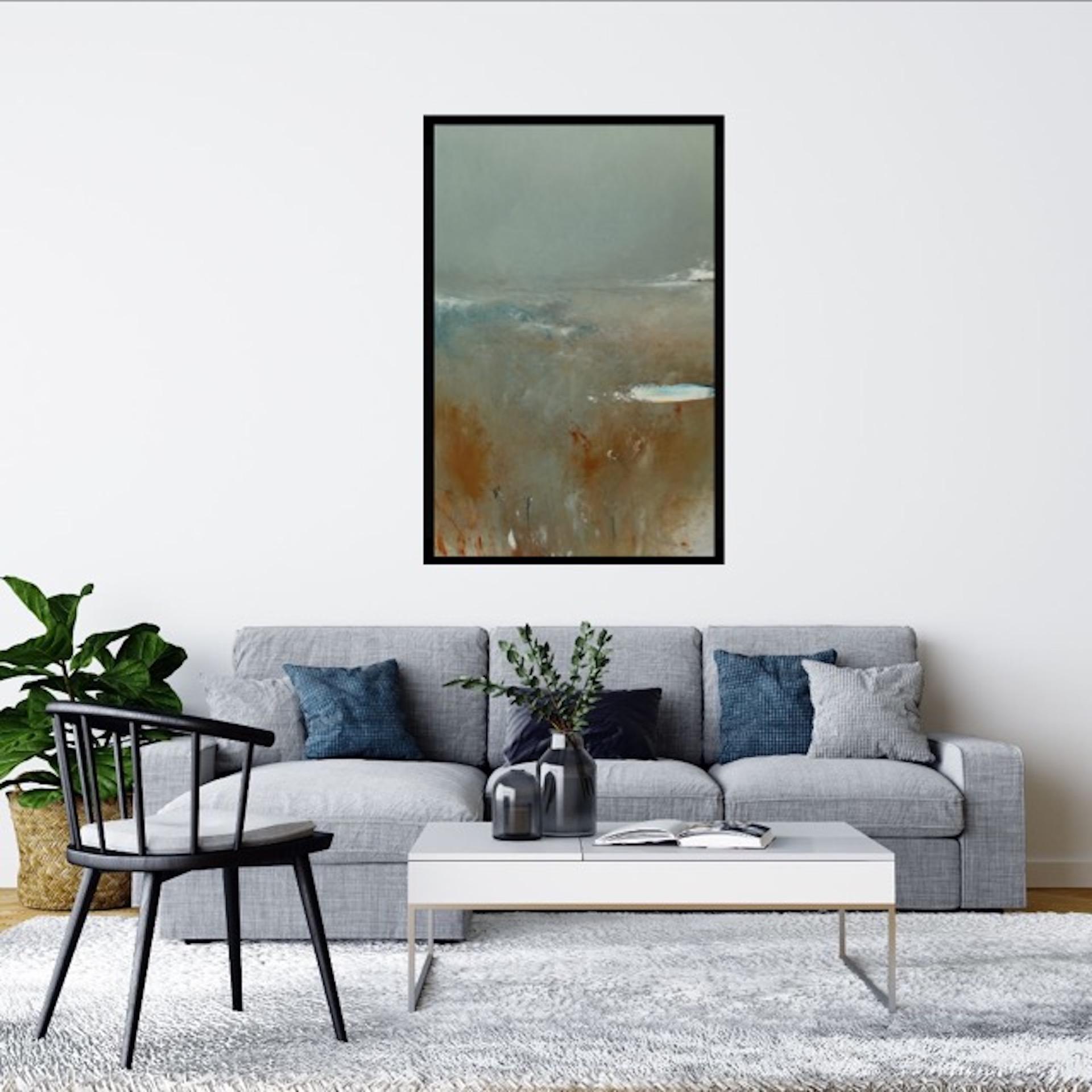 Mark Stopforth “winter morning light” (60x90cm unframed) Minimalist work based upon a memory and evocation of a moorland seen first thing on a Winter’s morning. Medium used oil, charcoal and pencil on Fabriano paper.
