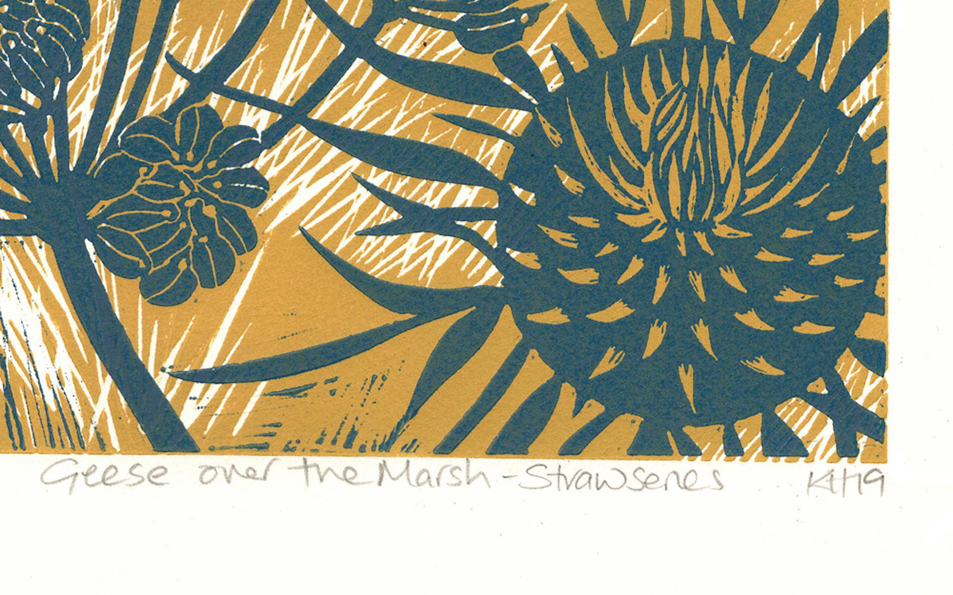 Geese Over the Marsh by Kate Heiss, Linocut print, nature, bird, contemporary 2