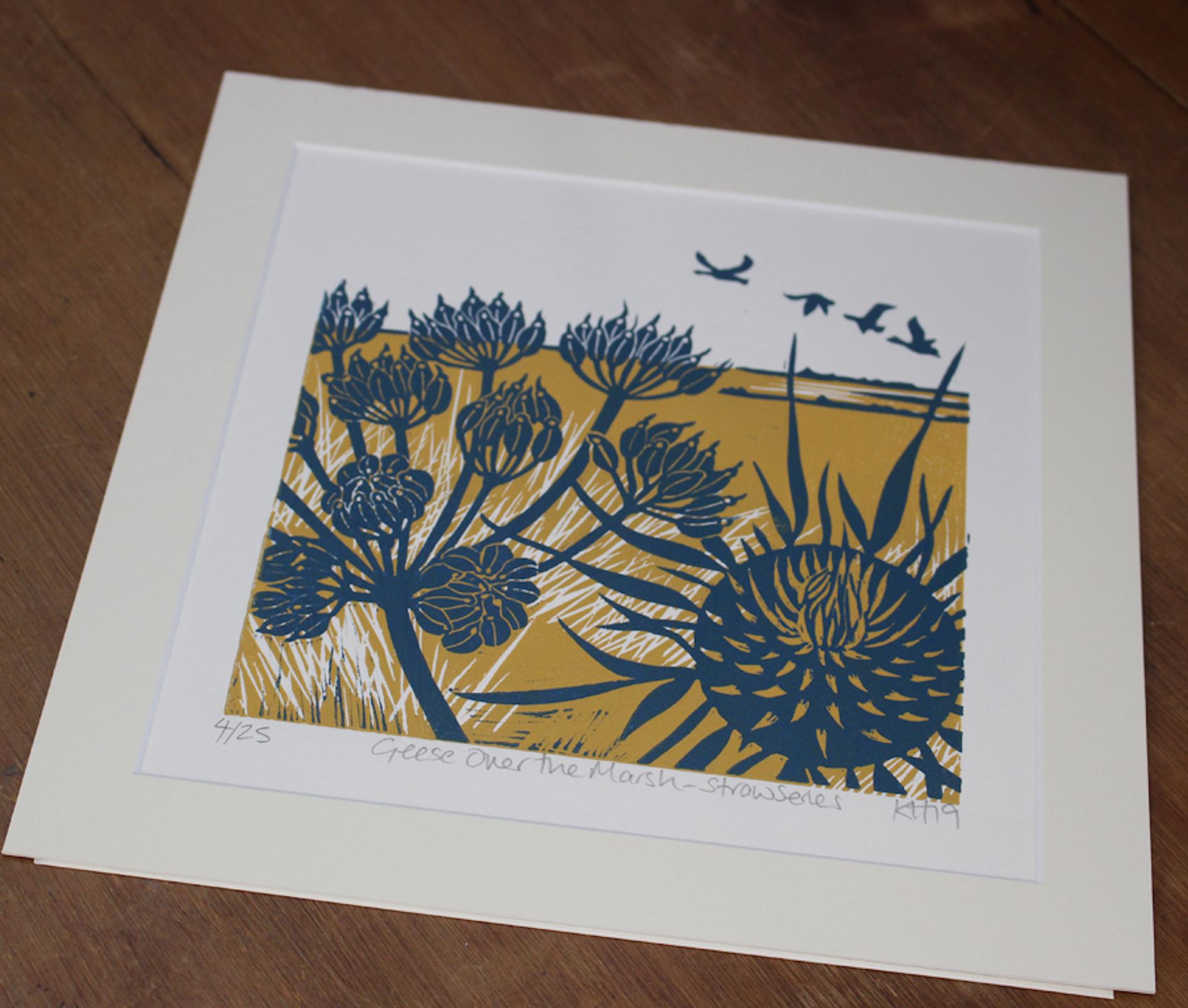 Geese Over the Marsh by Kate Heiss, Linocut print, nature, bird, contemporary 3