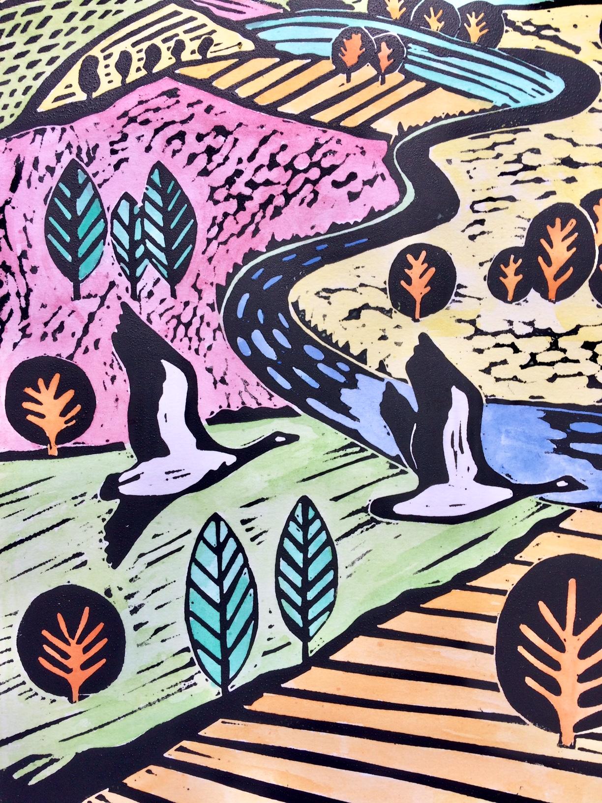 Joanna Padfield, oiseau d'oie du Canada, gravure de Linocut, Art brillant, paysage contemporain en vente 2