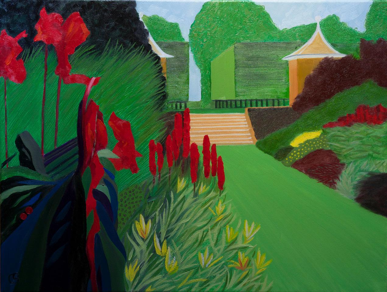 Red Borders, Christo Sharpe, Landscape art, Bright Art, Original Naive Painting For Sale 1