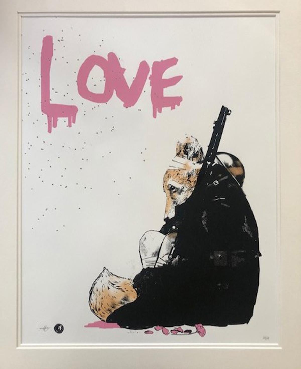 Harry Bunce
Love Wars Series, Frontline
Limited Edition Hand Pulled Silkscreen of 64
Image Size: H 63cm x W 49cm x D 0.1cm
Mounted Size: H 73cm x W 59cm x 0.5cm
Sold Unframed

Love Wars Series, Frontline is a limited edition silkscreen print by
